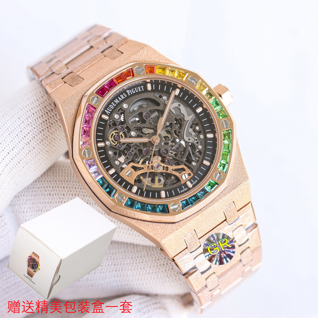 NO:383707,Produced by GR GR Factory Audemars Piguet AP Royal Oak A Rainbow New Product is on the market, the new Audemars Piguet!  Rainbow 15412BC ADUMARS PIGUET Audemars Piguet 15412BC Frost Gold Hollow Rainbow Men's Mechanical Watch Calibre 3132 Integrated Movement, 41mm Diameter, Thickness 9.9mm Dark Gray Dial Shape Round Dial Material Skeleton Dial, Paired with Rose Gold Fluorescent Three-dimensional Housing Marker and Royal Oak Pointer Mirror Material Anti-glare Processing Sapphire Crystal Glass Mirror Crown Material Stainless Steel, Screw-in Crown Back and Back, Anti-glare Sapphire Glass Mirror The best luxury recommendation for gifts please be sure of GR exclusive quality, audemars19860909GR 出品  GR Factory 爱彼 AP 皇家橡树 A 彩虹新品上市,新款爱彼！彩虹15412BC ADUMARS PIGUET 爱彼 15412BC 霜金 镂空 彩虹 男士机械腕表 Calibre 3132一体机芯,41mm直径,厚度9.9mm深灰色表盘 形状圆形表盘材质镂空表盘,搭配玫瑰金荧光立体时标和皇家橡树指针表镜材质防眩光处理蓝宝石水晶玻璃表镜表冠材质精钢,旋入式表冠背透背透,防眩蓝宝石玻璃镜面 送礼最佳奢华推荐请认准GR独家品质,,audemars,Watch