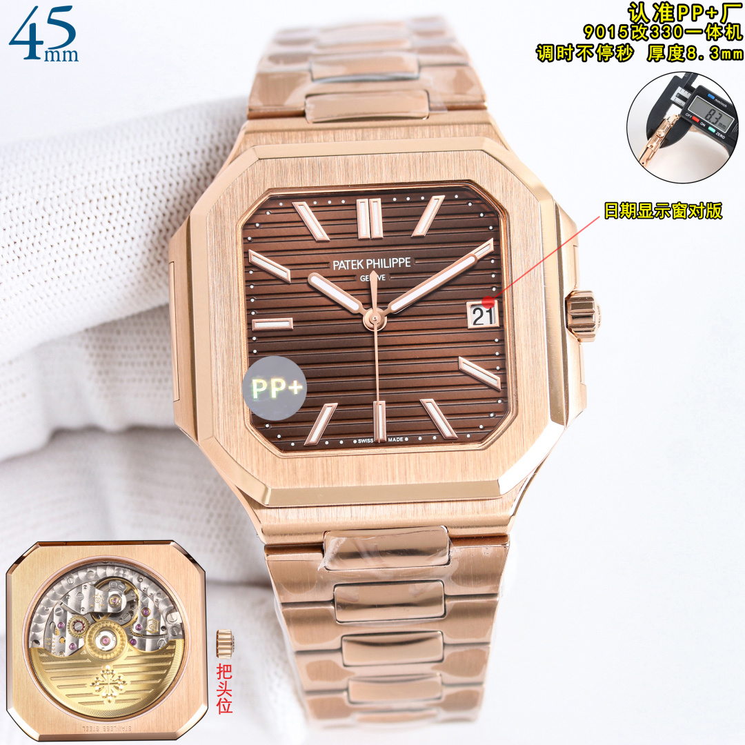 NO:384321,Produced by PP, White Shell Rose Shell PPFactory, adjusting it continuously for seconds, identifying the right balance movement, with a thickness of 8.3mm. Patek Philippe PP R69 Nautilus series, launching a new series CUBITUS (5821 watch-watch) Highlights Features 1 movement: equipped with a custom 9015 modified Cal.26-330 SC all-in-one machine, adjusting it continuously for seconds, adjusting it continuously for seconds, the balance position is the same as the genuine product, automatic winding movement. 2 steel belt: 316L custom-grade ergonomic strap, new buckle style. 3 case: 45 mm, the thickness is only 8.3mm, the diagonal length of the case (i.e. 10 points to 4 points), and the thickness of 40 mm is 8.5mm. Because the case is approximately square, the width of the upper and lower sides will be smaller than this value, so the visual effect is not very large.  In terms of matching, 5821 is a sports-style watch, and it can be used in daily wear and casual styles. Please confirm the exclusive quality of PP. Patek philippe19860909PP出品 白壳 玫壳  PPFactory 调时不停秒,认准对版摆轮机芯,厚度8.3mm.百达翡丽 PP R69 鹦鹉螺系列 重磅推出新系列CUBITUS（5821腕表-腕表） 亮点特色1机芯:搭载定制9015改Cal.26-330 SC一体机,调时不停秒,调时不停秒,摆轮位置均与正品一致,自动上链机芯.2钢带:316L定制级人体工程学表带,新扣款式.3表壳:尺寸45毫米厚度仅8.3mm,为表壳对角线长度(即10点位至4点位),尺寸40毫米厚度8.5mm,因为表壳近似于方形,上下边的宽度会小于这一数值,所以视觉效果并不是很大. 搭配上,5821,属于运动风格腕表,日常搭配正装和休闲风格也可以.送礼最佳奢华推荐请认准PP独家品质,,patek philippe,Watch