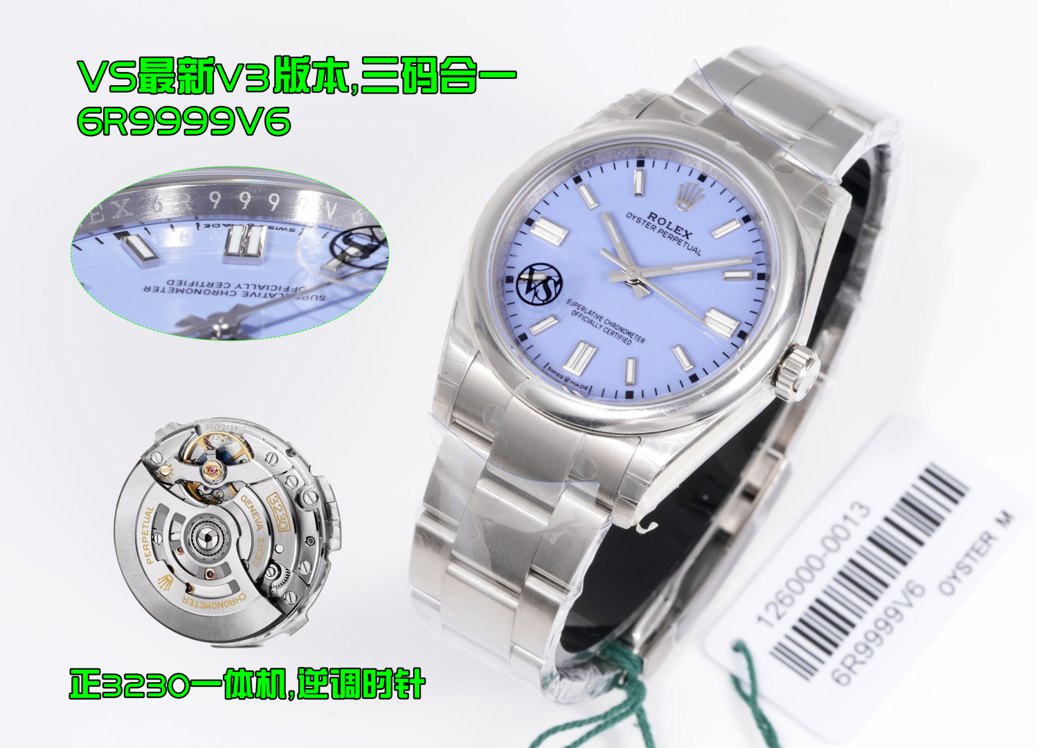 NO:384894,VS Produced by VS Factory Rolex ROLEX MK1 Oyster Perpetual 126000 The latest three-color literal arrival Yellow Blue Purple movement shipped. Check the watch code 6R9999V6 comes with an NFC induction card, three-code combined diameter 36mm-41mm watch button 5ZS, oblique edges and corners, full details, using a positive integrated movement!  The first-speed movement has no calendar neutral position, the literal color and the original color have no color difference, and is grinded with a beveled Ding design. The top-level technology printing technology in the literal industry, the original uniform super three-dimensional pointer has no burrs, and nine original color dials are available!  Top-level workmanship, superb quality, deep restoration, similar to Zp, up to 98!  Together, 'One and Forever' This time, the 36mm-41mm constant movement is equipped with a movement, which is completely one-to-one with a mold opening. Then there is a comparison of authenticity and falsehood. All accessories are very similar, especially Tiffany Blue, which costs nearly 200,000 yuan to disassemble one-to-one. Familiar watch friends know that the price of the same silver-faced authentic product is only about 50,000 yuan, but Tiffany Blue was once priced to 200,000 yuan due to the special color matching. Clean's pursuit of details is obvious to everyone. The logo on the buckle is also a major breakthrough in craftsmanship. CNC engraving, regular shape and bright light treatment on the inside. Luminous powder uses original SL  blue luminous powder, so it is accompanied by roughness and black spots to special features. Watch friends who have played or seen it should not be too unfamiliar with it. This is already a unique attribute of Rolex. Please identify the latest watch code of VS factory 6R9999V6, three-code in one, with NFC sensing card, diameter 36mm-41mm, latest watch button code 5ZS, quality assurance. Please identify the best luxury gift for VS, tiffany, rolex, please refer to the exclusive quality of VS, tiffany, rolex.19860909VS 出品 VS Factory 劳力士 ROLEX MK1 蚝式恒动126000 最新款三色字面到货 黄色 蓝色 紫色机芯出货 认准腕表编码6R9999V6附带NFC感应卡,三码合一直径36mm-41mm腕表扣码5ZS,斜边凌角边面钉,细节拉满 采用正一体机芯！一档机芯没有日历空档位,字面颜色和原装没色差,采用斜角丁设计精工打磨,字面业内顶端技术印刷技术,原装一致超立体指针无毛边,九种原装彩色表盘可选！ 顶级做工,品质超绝 深度还原,与Zp相似高达98！一起“一劳永逸” 本次36mm-41mm恒动搭载机芯 完全一比一开模 随后附上真假对比 所有配件相似度极高,特别是蒂芙尼蓝色 花费近20w元一比一拆解 .熟悉的表友都知道,同款银面真品价格才5w左右,但是蒂芙尼蓝因为配色的特殊性 价格一度被炒到20w+ clean对于细节的追求大家有目共睹.表扣上的logo也是工艺的一大突破.cnc雕刻,形状规整 并且内侧伴有亮光处理. 夜光粉使用原厂sl blue夜光粉,所以伴随粗糙以及黑点到特殊性.玩过或者见过的表友应该都不会太陌生.这已经是劳力士特有的属性.认准VS厂最新腕表编码6R9999V6,三码合一,附带NFC感应卡,直径36mm-41mm,最新腕表扣码5ZS,品质保证 送礼最佳奢华推荐请认准VS独家品质,,tiffany,rolex,Watch