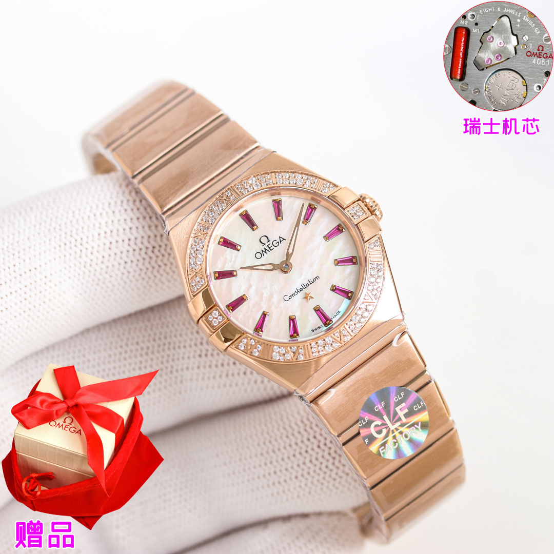 NO:385755,CLF Produced by white shell gold shell ring drill 50 shell carving surface 50 snow diamond ring T drill surface Snowflake five-pointed star diamond belt CLF Factory OMEGA RB2 Zodiac series 28mm Swiss quartz watch cost instantly kills most quartz women's watches on the market price. 0 error 0 faults. Give an exquisite original box with one in order, bring it or give it a gift without any worries. 1. The half-moon section, the details of the adjusted gripper are thinner, the case and gripper are polished and grippers are blended more naturally. The case handle tube uses a hexagon screw-in gripper tube, which has better waterproof performance!  2. The Roman scale method of the ring mouth and the restoration of the bottom cover observatory are comparable to the original version 3. The color of the dial has been adjusted by the engineer, making it look more advanced and the style is more youthful and fashionable 4. The bracelet adopts polishing process, shining, with a comfortable adjustment function, and a fine-tuned butterfly buckle, which can be finely adjusted to ensure comfort and convenience of wearing. 5. Equipped with the original imported Swiss movement, firm, stable, trouble-free, bringing customers a perfect experience of precision and reliability. The style is gentle and moving, with delicate workmanship. The most beautiful constellation, the first choice for women. Please be sure to give gifts with the best luxury, omega19860909CLF 出品 白壳金壳 圈口钻50 贝壳雕刻面50 雪花钻圈T钻面 雪花五角星钻带 CLF Factory 欧米茄 OMEGA RB2 星座系列 28mm瑞士石英腕表 造价秒杀市面绝大多数石英女表售价.0误差0故障,下单送精美原装盒一个,自带或送礼再无后顾之忧. 1.半月形切面,经过调整的抓爪细节更为纤细,表壳和抓爪经过抛光打磨和倒角处理后,融合得更加自然,表壳把管采用内六角旋入式把管,防水性能更佳！ 2.圈口罗马刻度做法及底盖天文台的还原度媲美原版 3.表盘颜色经过工程师调配的颜色,显得更加高级,风格更显年轻时尚 4.表链采用了抛光的工艺,闪耀夺目,设有舒适调节功能,搭配微调蝴蝶表扣,可微调长短,确保佩戴的舒适与便利. 5.搭载原装进口瑞士机芯,坚挺稳定无故障,给客户带来精准可靠的完美体验. 款式温婉动人,做工细腻入微 最美星座,女士首选 送礼最佳奢华推荐请认准CLF独家品质,,omega,Watch