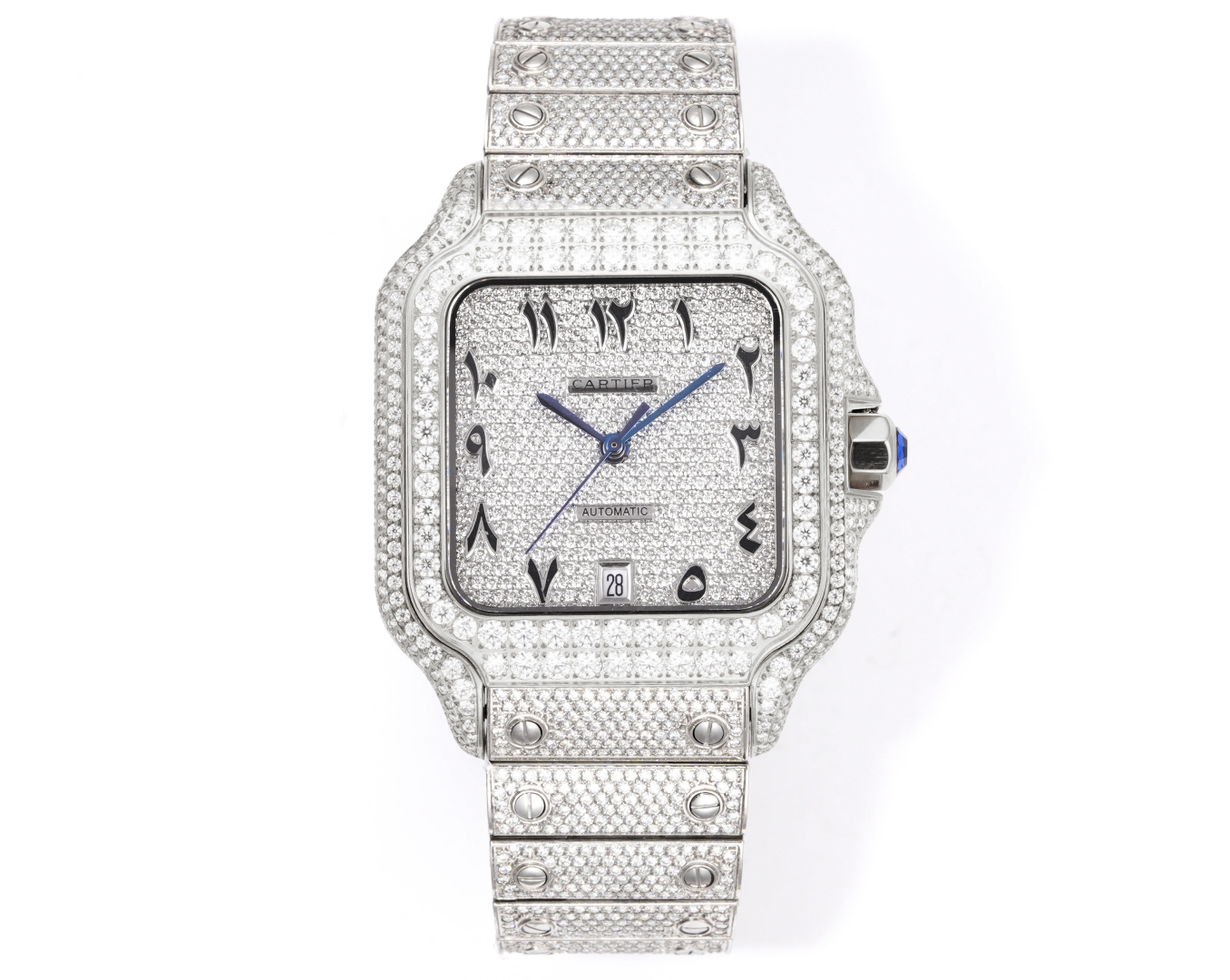 NO:385681,F4 Real Moissanite Diamond!  Cartier CARTIER DF1 Sandushi Series Star Series Extremely luxurious!  Very small quantity arrives!  The whole watch is purely hand-set, D color VVS grade Moissanite diamond (Moissanite diamond) All stones can pass the professional test pen test. The refractive index of Moissanite diamond (Moissanite diamond) has a diamond refractive index of 2.65-2.69 (diamond 2.42), with the same diamond luster as diamonds. The 'fire color shine' is stronger, and the hardness is second only to diamonds. The inlay technology adopts fancy irregular inlay (Flower Setting). Unlike the market moissanite diamond processing technology, it is very dense and has no gaps between the stones, which solves the pain points of many customers' requirements for tight stones. 316L stainless steel material, watch head size 40MM, sapphire glass mirror S1 exquisite recommendation men's mechanical watch, cartier, cartier19860909F4 真莫桑钻！卡地亚 CARTIER DF1 山度士系列 满天星系列 奢华至极！极少量到货！满天星卡地亚山度士满天星莫桑钻版本,整表纯手工镶嵌 D 色 VVS 级莫桑钻（ Moissanite diamond）全部石头都可以通过专业测试笔测试,莫桑钻( Moissanite diamond）折射率2.65-2.69（钻石2.42), 具有与钻石相同的金刚光泽,'火彩 shine '更强,硬度仅次于钻石,镶嵌工艺采用花式状不规则镶嵌（ Flower Setting ),不同于市场莫桑钻加工的工艺,做到石头之间非常密集毫无空隙,解决了许多客户对石头紧密这方面要求的痛点,316L精钢材料,表头尺寸40MM,蓝宝石玻璃镜面 S1精致推荐男士机械腕表,,cartier,cartier,Watch