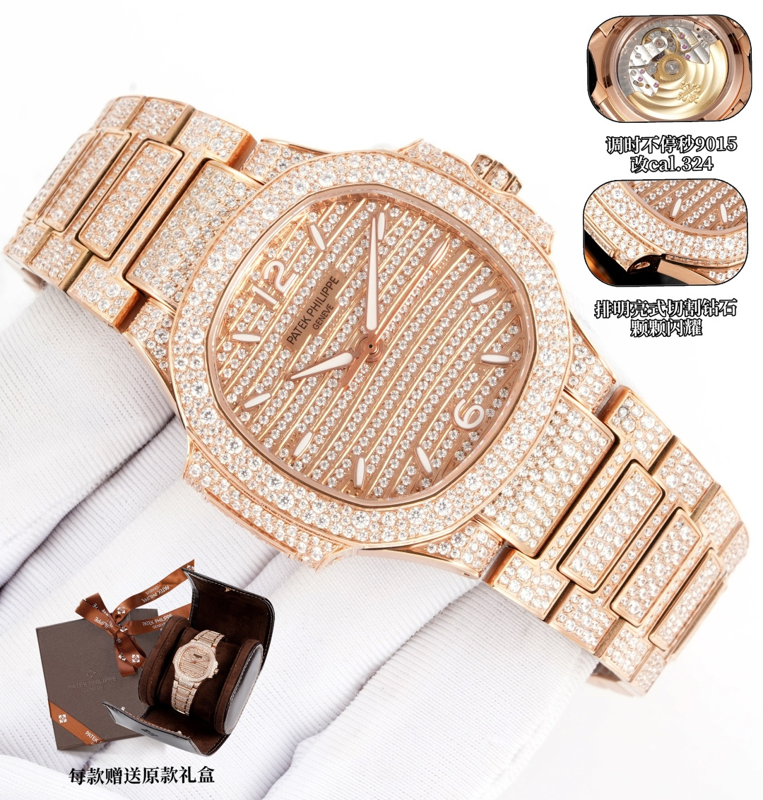 NO:337342,Jiujin Color Diamond + GR, a heavy money to create a classic timepiece PP Patek Philippe Women's Nautilus, full diamond limited model, small quantity arrived, limited supply (the whole body is made of eight hearts and eight arrows natural Orbo diamonds) Gift value (288) Travel convenient custom watch box Watch: Customized 9015 modified 324 S automatic integrated winding mechanical movement, center large seconds hand Dial: pavé diamond, with 286 diamonds Case: pavé has 518 diamonds, with sapphire crystal permeable cover. Waterproof coefficient is 30 meters. Diameter 35.2mm Bracelet: Use 1729 diamonds to use the rare 