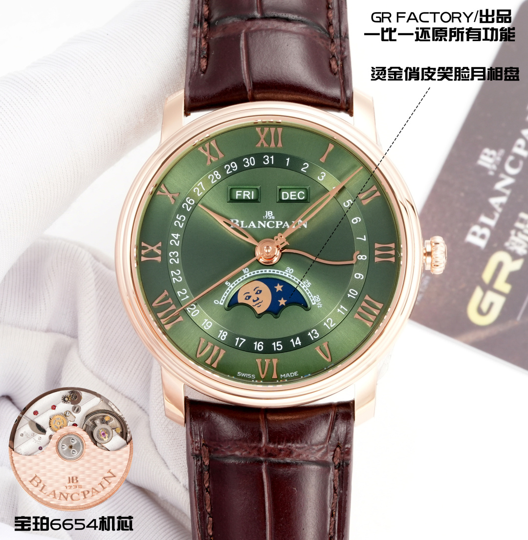NO:511400,Gold GR Factory New Product Blancpain Classic Series 6654 Full Calendar Moon Phase Watch Jb JR2 Blancpain 6654 Arrival!  1:1 Replica Restore the real function, four-way fast adjustment. 1 step-type case, simple and three-dimensional, 40mm diameter, 2 simple and elegant dial, concentric circle layout is clear and easy to read, 3 outer Roman three-dimensional hour marker, inner circle calendar indication; 3 hollow willow leaf needle, logo large seconds hand, blue steel calendar needle, each performs its own duties, 11 o'clock and 1 o'clock windows, display week and month. Equipped with 6654.5 automatic winding movement, power reserve for 72 hours, four-way hidden adjustment buttons are cleverly integrated into the watch lugs, taking into account convenient operation and aesthetic balance, Blancpain's moon-phase face was once talked about by watch friends, and the playful face and emoji expression are similar. It is not only a tool to record time, but also an artistic treasure on the wrist, demonstrating the noble temperament of the wearer, whether it is business or casual multi-functional mechanical watch,19860909金 GR Factory 新品 宝珀 经典系列6654全历月相腕表 Jb JR2 宝珀6654到货！ 1:1复刻还原真功能,四方位快调. 1阶梯式表壳,简约中有立体感,表径40mm 2素雅表盘,同心圆布局清晰易读,外围罗马字立体时标,内圆日历指示； 3镂空柳叶针、logo大秒针、蓝钢日历针,三者各司其职,11点位与1点位窗口,显示星期与月份. 搭载6654.5自动上链机芯,动力储存长达72小时,四方位隐藏式调校按钮巧妙融入表耳,兼顾便捷操作与美学平衡,宝珀的月相脸一度被表友们津津乐道,俏皮小脸与emoji表情有异曲同工之妙. 它不仅是记录时间的工具,更是腕间的艺术珍品,彰显佩戴者的尊贵气质,无论商务还是休闲多功能机械腕表,,,Watch