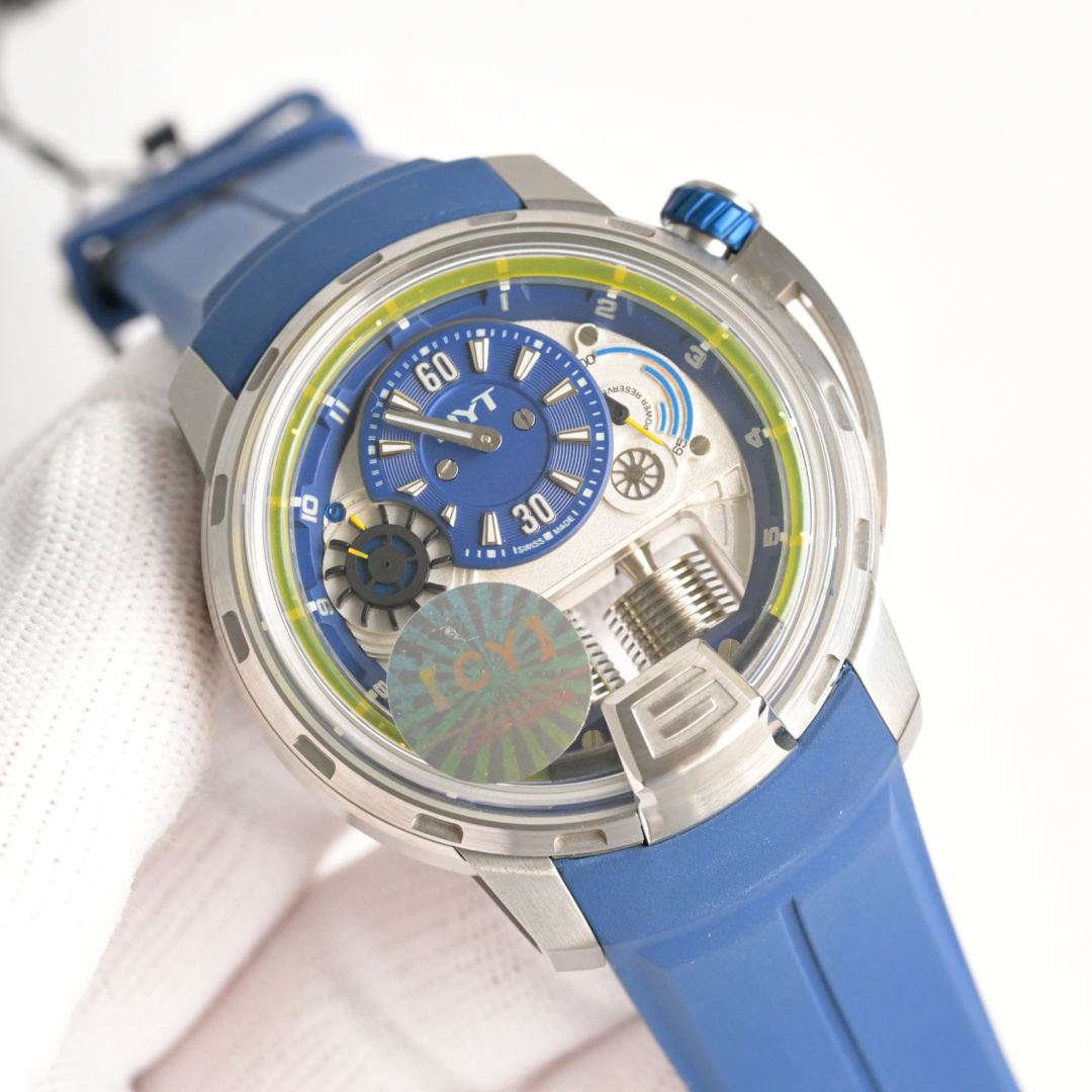 NO:532232,New HYT brand H1 series movement mechanical fully automatic size 46mm case 904 steel strap fluoroelastic due to movement modification. The manual winding direction is opposite to the original movement. The functions are 9 o'clock disc with twelve grid scales around the outer side of the disc. Sometimes the disc is moving as the hour hand/12 o'clock large disc is minute hand/3 o'clock disc double-headed needle is 24 hours. HYT, H1, model - TT-GF-GF-RU watch, fully automatic mechanical movement, diameter 46 mm, each piece is a limited edition, HYT extremely complex pure mechanical device Cool-fried Transformers, hydraulic HYT H1 is very cool and handsome, this is fluid mechanics + traditional watchmaking + multi-function mechanical watch,,19860909新品HYT 品牌 H1 系列 机芯机械全自动尺寸46mm 表壳904钢表带氟橡胶 由于机芯改造缘故手动上弦方向与原机芯相反】功能分别是9点位圆盘外围有十二格刻度中间有时盘在走动为时针/12点位大圆盘为分针/3点位圆盘双头针为24小时. HYT,H1,型号-TT-GF-GF-RU 手表,全自动机械机芯,直径 46 mm,每一块都是限量版,HYT 极其复杂的纯机械装置 酷炸变形金刚,液压HYT H1 非常酷非常帅,这是流体力学+传统制表+多功能机械腕表 ,,,Watch