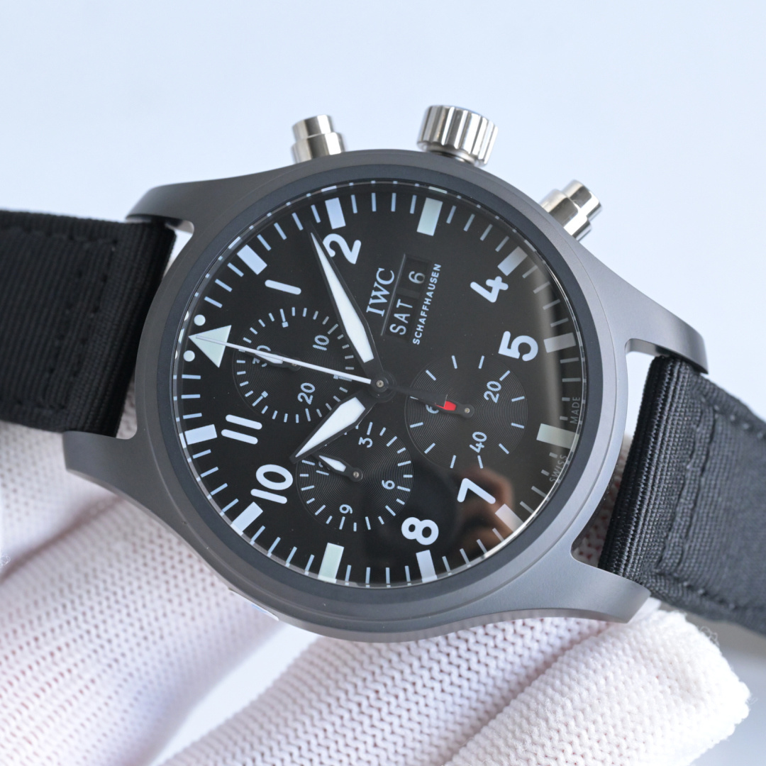 IWC Pilot's Watch Chronograph Top Gun black ceramic case bezel and dial with black fabric strap 41mm Men's Automatic