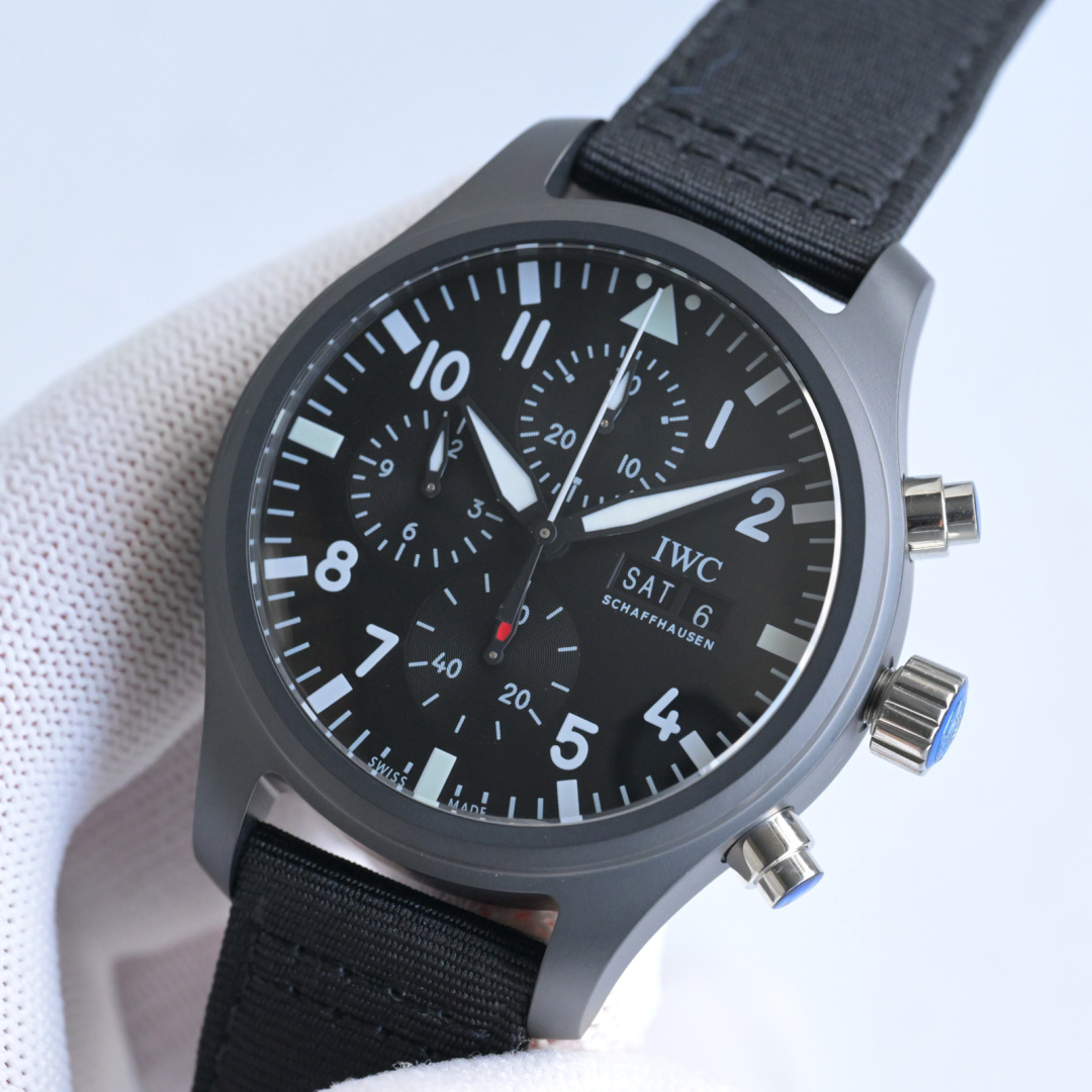 IWC Pilot's Watch Chronograph Top Gun black ceramic case bezel and dial with black fabric strap 41mm Men's Automatic