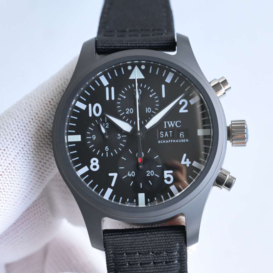 IWC Pilot's Watch Chronograph Top Gun black ceramic case bezel and dial with black fabric strap 41mm Men's Automatic