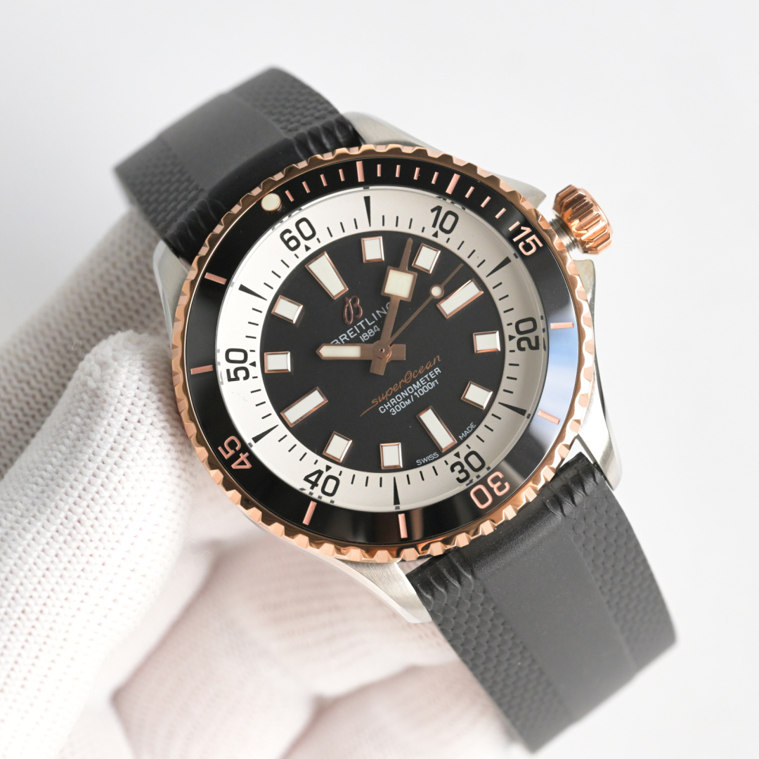 NO:602207,BLS produces tape model and steel band model BLS Factory Breitling BN1 Super Ocean Series 42mm watch.  1 A diving watch must not only meet the needs of clear reading, but also be easy to operate. The time scale and hands of this model are coated with maximum luminous coating to ensure that they can be read clearly in the dim deep sea, just like a small light bulb in the dark; convenience is inseparable from the pitted ceramic bezel and micro-pull folding clasp; it is matched with a precise mechanical movement and wear-resistant double-spherical sapphire glass. 2  The geometric hands are clear and stylish. The hands of this watch bring the charm of geometry to the extreme. The novel and harmonious combination is not only clear when reading, but also unforgettable at first sight.  3. Listen to the sound to identify the watch, and it is easy to operate. People who like mechanical watches are also fascinated by the sounds when winding the chain and rotating the bezel. Listening to the distinct rhythm, the hands seem to be able to clearly feel the smooth operation of each component. The details of the one-way rotating bezel and screw-in crown make it easy for the wearer to operate even with long nails, and every time they interact with the watch, they hear the crisp and pleasant mechanical sound.  4. There are many choices, so you should try boldly. The dial logo, bezel scale, time scale, etc. of the Super Ocean series are as pure as possible in color and details to highlight the colorful dial colors. Multi-color ceramic rings are matched with colorful dials to have more diverse choices!  For the best luxury gift recommendations, please look for BLS exclusive quality, breitling19860909BLS 出品 胶带款 钢带款  BLS Factory 百年灵 BN1 超级海洋系列42mm腕表. 1潜水表既要满足清读时,更要操作便捷.此款时标和指针大限度的夜光涂层,保证在昏暗的深海能清晰读时,如在黑暗中的小灯泡一样；便捷则离不开带坑纹的陶瓷表圈、微拉扣的折叠表扣；配搭精准机械机芯与耐磨的双球形蓝宝石玻璃. 2 几何指针,清晰更有型.此款腕表的指针将几何魅力挥洒到极致,新奇而和谐的组合,不但读时清晰,更一见难忘. 3听声辨表,操作便捷.喜欢机械腕表的人,也多为上链时、旋转表圈时的声音着迷.听着那分明的节奏,手下似乎更能清晰地感受到各个部件在流畅运转.单向旋转表圈、旋入式表冠在细节上的处理使得佩戴者即使是长指甲也能轻松操作,并且每一次与腕表互动都听到那清脆悦耳的机械声. 4选择众多,宜大胆尝试.超级海洋系列的表盘Logo、表圈刻度、时标等在配色和细节上都尽可能的纯粹,以凸显多彩的盘面颜色.多色陶瓷圈与多彩的盘面配搭,拥有更多样化的选择！送礼最佳奢华推荐请认准BLS 独家品质,,breitling,Watch