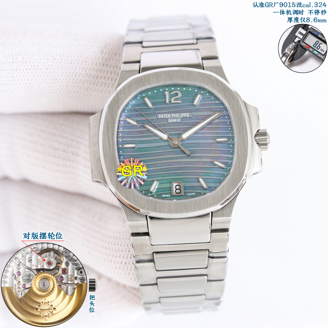 NO:602140,GR produced white shell 1500 diamond shell GR Factory wall crack recommended V2 version Patek Philippe PP Nautilus series R69 customized gradient blue shell dial Nautilus series high-value women's watch [2025 super masterpiece top version] Patek Philippe sports elegant Nautilus women's watch P is coming!  Welcome to compare the details 1. Paired with customized version of 9015 machine-modified Cal.324sc all-in-one automatic movement, non-stop time adjustment, non-stop time adjustment, 45 hours of special kinetic energy storage, 28800 vibration frequency per hour. 2316L custom-grade ergonomic strap!  3The size of the watch is 35.2MM and the thickness is 8.6mm, which is consistent with the original!  4. Inlaid with 56 Swarovski crystal diamonds, the same number of genuine diamonds. 5. The watch mirror is double-sided anti-glare sapphire crystal glass. 6. The color of the letters is consistent with the genuine product. 'No one can own Patek Philippe, it is just kept for the next generation.' Elegant and elegant, it perfectly interprets the fashion taste of working women, while being elegant and yet powerful and domineering. GR Factory2025 ingenious masterpiece. Watch friends are welcome to taste it.  For the best luxury gift recommendations, please look for GR exclusive quality, swarovski, patek philippe19860909GR 出品 白壳 1500 钻壳  GR Factory 墙裂推荐V2版本 百达翡丽 PP 鹦鹉螺系列 R69 定制渐变蓝贝盘面 鹦鹉螺系列高颜值女表【2025超神之作 顶级版本】百达.翡丽运动优雅鹦鹉螺女款腕表P强势来袭！欢迎对比细节 1搭配定制版9015机改Cal.324sc一体机自动机芯,调时不停秒,调时不停秒,特惠动能储存45小时,振频28800每小时. 2316L定制级人体工程学表带！ 3腕表尺寸35.2MM,厚度8.6mm与原装一致！ 4镶嵌56颗施华洛世奇水晶钻与正品钻石数量一致 . 5表镜双面防眩目蓝宝石水晶玻璃. 6字面色泽均与正品一致. “没人能拥有百达翡丽,只不过为下一代保管而已.” 优雅大气 完美演绎职场女性的时尚品味,在优雅之余又不失强悍霸气. GR Factory2025匠心力作 欢迎表友品鉴 送礼最佳奢华推荐请认准GR独家品质,,swarovski,patek philippe,Watch