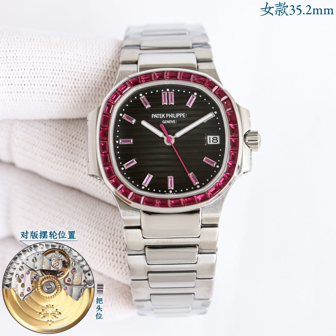 NO:617358,GR produced Uni-President 1800 Dream Love Watch Patek Philippe PP R69 Hidden Women's Watch Nautilus GR Factory's latest masterpiece Patek Nautilus series of high-looking women's watches, ceiling style, all eight diamonds [Super God's top version] Patek Philippe's sporty and elegant Nautilus women's watch P is coming!  Welcome to compare the details 1. Equipped with a customized version of 9015 machine-modified Cal.324sc automatic movement, with non-stop time adjustment, 45 hours of kinetic energy storage, and a vibration frequency of 28800 per hour. 2316L customized ergonomic strap!  3Watch size 35.2MM 4Inlaid with rubies, sapphires, emeralds, white T-tiles of different colors of gemstones 5Double-sided anti-glare sapphire crystal glass. 6The color of the letters is consistent with the original. 'No one can own a Patek Philippe, it is just kept for the next generation.' Elegant and majestic, it perfectly interprets the fashion taste of working women, while being elegant while still being powerful and domineering. Factory2025's ingenious masterpiece welcomes watch friends.  , Luxurious and exquisite recommended mechanical watches for women. The best luxury recommendations for gifts, please look for the exclusive quality of GR, patek philippe19860909GR 出品 统一1800 梦中情表 百达翡丽 PP R69 隐藏款女表鹦鹉螺GR Factory 最新力作 百达鹦鹉螺系列高颜值女表,天花板款式,八大金刚全齐【超神之作 顶级版本】百达.翡丽运动优雅鹦鹉螺女款腕表P强势来袭！欢迎对比细节 1搭配定制版9015机改Cal.324sc自动机芯,及调时不停秒,动能储存45小时,振频28800每小时. 2316L定制级人体工程学表带！ 3腕表尺寸35.2MM 4镶嵌红宝石,蓝宝石,祖母绿,白T方砖不同色彩的宝石 5表镜双面防眩目蓝宝石水晶玻璃. 6字面色泽均与正品一致. “没人能拥有百达翡丽,只不过为下一代保管而已.” 优雅大气 完美演绎职场女性的时尚品味,在优雅之余又不失强悍霸气.Factory2025匠心力作 欢迎表友品鉴 ,奢华精致推荐女士机械腕表 送礼最佳奢华推荐请认准GR独家品质,,patek philippe,Watch