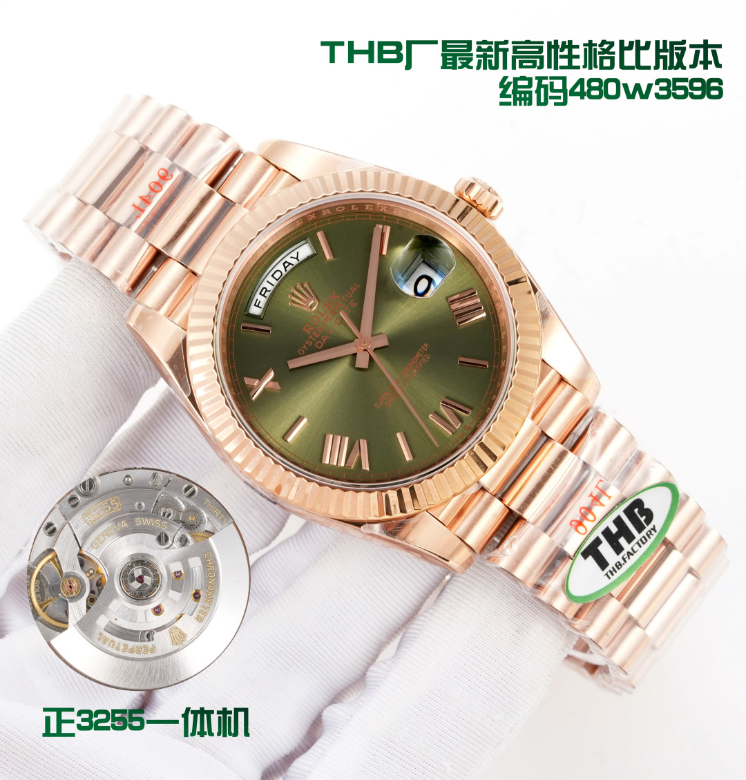 NO:617367,Produced by THB THB Factory (Strictly Selected) ROLEC Rolex Weekly Diary 40 Size MK1 DD Gambling Table Green, Extra Heavy Edition, Three Codes in One, Comes with NFC Sensor Card, Customized Version!  Watch code 480W3596, watch buckle code, 3ZR, upgraded strap steel stamp, deep concave AU logo, exquisite details!  New ergonomic weights!  The use of Oyster alloy material is not only a single weighted 'bottom cover', 'case', 'strap and movable body', etc., but a balanced weight, fitting the wrist, reaching the peak of comfort without peeling!  Does not fade!  Perfectly avoiding all the shortcomings of Wu copper materials, tungsten steel materials, and Wu Ni alloy materials on the market!  The material does not oxidize and can be electroplated twice!  Multiple gold-wrapped treatments!  Paired with the same size strap as the original, the strap is the same as the original, with 25 sections!  Make sure the number of straps is 25, the weight of the non-extended strap, the integrated movement (72-hour power reserve movement, Zhengdandong movement), and detail processing from the inside out to ensure perfect quality!  The wearing experience is not discounted!  Produced by THB, it must be a high-quality product!  Original weight!  Watch code, 48OW3596, watch buckle code, 3ZR. Three codes in one, comes with NFC proximity card, there are pictures and the truth!  Actual photos of shipments. The best luxury recommendations for gift giving. Please look for THB’s exclusive quality, rolex19860909THB 出品  THB Factory（严选）ROLEC 劳力士 星期日志40尺寸MK1 DD赌桌绿,超重版,三码合一,附带NFC感应卡,定制版本！腕表编码 480W3596,腕表扣码,3ZR,升级表带钢带钢印,深凹AU标志,细节精致！符合人体工程学的新配重！采用蚝式合金材料不止单一加重“底盖”“表壳””表带活动带身“等,而是均衡配重,贴合手腕,舒适度达到巅峰的同时不起皮！不掉色！完美规避市面上邬铜材料,钨钢材料,邬镍合金材料的所有缺点！材料不氧化,可以二次电镀！多次包金处理！搭配原版一致尺寸表带,表带原版一致,节数25节！认准表带节数25节,非加长表带节数重量搭载,对版一体机芯（72小时动力储存机芯,正丹东机芯）,由内而外的细节处理,确保质量万无一失！佩戴体验不打折！THB出品,必属精品！原版重量！腕表编码,48OW3596,腕表扣码,3ZR.三码合一,附带NFC感应卡,有图有真相！出货实拍 送礼最佳奢华推荐请认准THB独家品质,,rolex,Watch