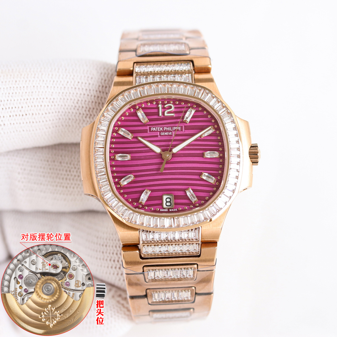 NO:617371,Produced by PPF 2700 PPF Factory Patek Philippe 7014 Ladies Nautilus R69 Platinum T Square Brick Limited Edition Arrival in small quantity, the only one on the entire network, truly low-key luxury beauty. Gift value travel convenient customized watch box. Watch: Customized 9015 to 324 S automatic one-piece winding mechanical movement, center large second hand Dial: T square diamond, 6-digit calendar window  Case: white gold. Rose gold with T-square tiles, with sapphire crystal transparent cover. Water resistance 30 meters. Diameter 35.2mm. Bracelet: matched with the original and new Cara Deshua LOGO hollow buckle. Top with Nautilus 7014 Extreme Sports Elegance series watch. Excellent product, watch friends are welcome to appreciate it!  The best luxury gift recommendation, please look for the exclusive quality of PPF, patek philippe19860909PPF 出品 2700 PPF Factory 百达翡丽 7014女士鹦鹉螺 R69 白金T方砖限量款 少量到货,全网唯一,真正低调奢华的美 赠送价值旅行便捷定制手表表盒 腕表:定制9015改324 S自动一体上链机械机芯,中心大秒针 表盘:T方钻,6字位显示日历窗口 表壳:白金.玫瑰金搭配T方砖,拥有蓝宝石水晶透盖.防水系数30米.直径35.2mm 表链:搭配原版一致新款卡拉桌华LOGO镂空表扣 顶配鹦鹉螺7014极致运动优雅系列腕表 精品,欢迎表友品鉴！送礼最佳奢华推荐请认准PPF独家品质,,patek philippe,Watch