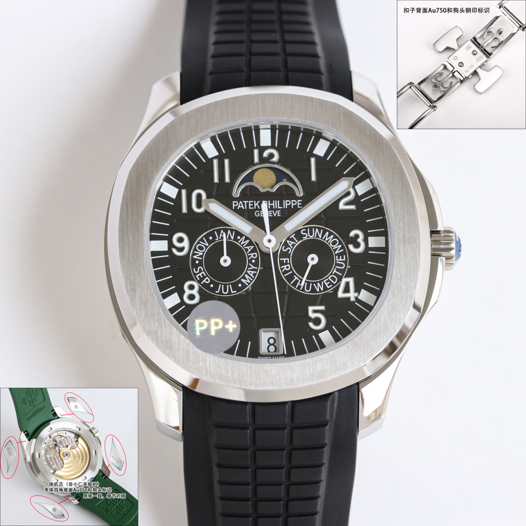 NO:617376,Produced by PP+ in 1950 PP Factory, first go to see the original, and then come here to sell one to one, the highest version and the latest model [celebration] PP Patek Philippe Grenade Aquanaut series MK1 launches the first new convenient and practical complex function watch 5261-001 Smiling Thunder King [Bomb] suitable for men and women, watch size 39.9mm original version 1  The original matching fluororubber strap is molded, comfortable to wear, and suitable for all-day use. The customized fluororubber strap is soft and skin-friendly, with upgraded anti-wear and durability; the folding clasp can be adjusted with one click, and the back of the clasp is printed with a clear logo mark of precious metal, the scale logo in the outline of the St. Bernard dog head. Au750 number. PPC logo, sapphire glass, seamless switching between business and leisure, interpreting the wearing philosophy of 'elegant and easy to go' 2  The movement adopts the imported 9015 modified 330 official movement. The ultra-thin process movement is stable, automatic winding, and the left balance wheel position is correct!  3 The original four-window partition display system of intelligent time control (date at 6 o'clock/moon phase at 12 o'clock, day of the week/month at 3/9 o'clock), bid farewell to cumbersome adjustments, and make daily wear leisurely. It adopts the latest double-press butterfly buckle of original PP.  The case and bezel adopt the iconic arc-shaped octagonal shape, combined with contrasting polishing and satin treatments. The gray-blue dial and strap are decorated with Aquanaut embossed patterns, Arabic numerals and Patton-style hands, all covered with white fluorescent coating, making it clear when reading. Look for PP+ quality, one watch, one card. For the best luxury gift recommendation, please look for PP+ exclusive quality, patek philippe19860909PP+ 出品 1950 PP Factory ,先去原装看看,再过来卖一比一,最高版本最新款[庆祝] PP 百达翡丽 手雷 Aquanaut系列 MK1 推出首款新增便捷实用的复杂功能腕表 5261-001 笑脸雷王 [炸弹]男女适配,腕表尺寸39.9mm对版原装 1 原装对版氟橡胶带开模,舒适佩戴,全天适配,定制氟橡胶表带柔软亲肤,抗磨耐用性升级；折叠式表扣一键调节,扣子背面打印贵金属清晰标识印记,圣伯纳狗头轮廓内天平标识.Au750数字.PPC标志,蓝宝石玻璃,商务休闲无缝切换,诠释“优雅随行”的佩戴哲学 2 机芯采用进口9015改330对版官方机芯,超薄工艺机芯稳定,自动上弦,左摆轮位置对版！ 3 智控时间独创四窗分区显示系统（日期6点位/月相12点位,星期/月份3/9点位）,告别调校繁琐,日常佩戴从容不迫,采用原装PP最新式双按蝶扣, 表壳及表圈采用标志性的圆弧八角形造型,结合对比鲜明的抛光与缎纹处理.灰蓝色表盘及表带饰有Aquanaut浮雕图案,阿拉伯字块及巴顿式指针,均覆以白色荧光涂层,读时一目了然.认准PP+质量,一表一卡 送礼最佳奢华推荐请认准PP+ 独家品质,,patek philippe,Watch