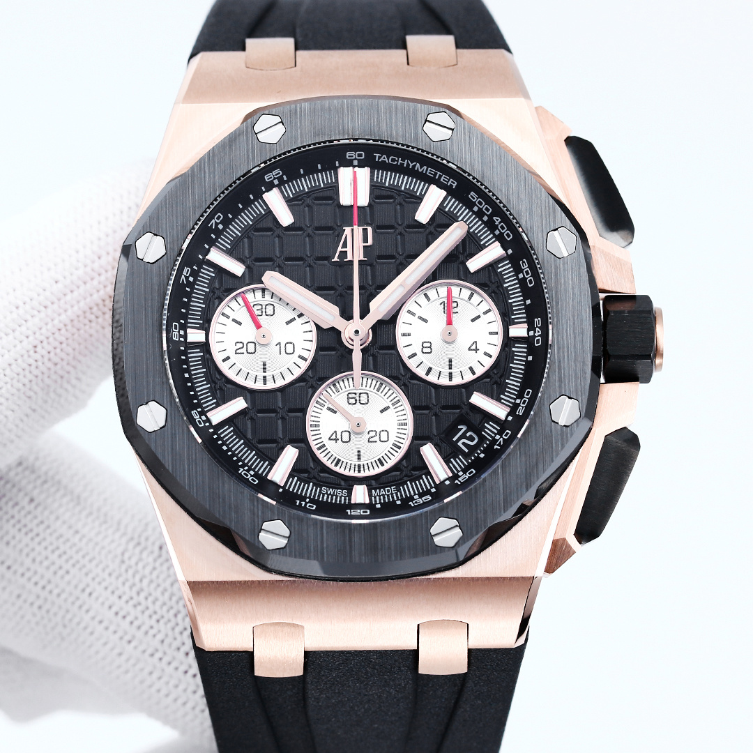 NO:586004,LS.Factory Audemars Piguet Royal Oak Offshore 26420 AP New upgraded version A42 1. New molded 43mm case (the market version is 44mm, which is the case of the old 26400) adopts a new design, a more ergonomic case, and more exquisite case details. It has larger polished chamfers, size 43MM~15.6MM,  The 43 mm wide case has been carefully modified to accommodate the new movement with a slightly larger diameter. 2. Calendar upgrade. After the transformation of the movement, the original large calendar has been realized. The date window has been pushed to the edge of the dial, and the hands have also been slightly modified. 3. The movement is made of Dandong (6 small seconds) modified Caliber4401 (large splint) for better appearance and more stable quality. 4. The case is made of Japanese 316  Made of fine steel, the steel shell is brighter and brighter (not ordinary 306 steel used in the market) 5. The ring is made of Korean imported ceramics (black, blue, green, ceramic ring) and the mirror is made of sapphire glass 6. The strap is made of imported fluorine rubber tape, which is more comfortable to wear and feels better. The belt is made of first-layer cowhide, and the cloth belt is made of leather wrapping cloth, which is not pressed from leather. 7.  The dial is upgraded, the dial pattern is slow-cut by CNC (non-hydraulic), the finished pattern is clear, and the iconic squares are now connected to each other through crosses. S1 exquisitely recommends men's multi-functional mechanical watches, audemars, cowhide19860909LS .Factory 爱彼 Audemars Piguet  皇家橡树离岸型26420 AP 全新升级版 A42 1、新开模43 毫米表壳（市场版本44毫米,是套用旧款26400的壳）采用全新设计、更符合人体工学的表壳、更精致的表壳细节,它具有较大的抛光倒角, 尺寸 43MM~15.6MM, 43毫米宽的表壳经过精心修饰,以容纳直径稍大的新机芯 2、 日历升级,经过对机芯的改造,实现了对原版的大日历,日期窗口被推到了表盘的边缘,指针也经过了轻微修饰. 3、机芯采用丹东（6 小秒）改 Calibre4401(大夹板）更佳美观,质量更稳定. 4、表壳采用日本 316 精钢打造,显示出钢壳更佳鲜亮（非市场用普通 306 钢） 5、圈口采用韩国进口陶瓷（有黑色,蓝色,绿色,陶瓷圈口）镜面采用蓝宝石玻璃镜面 6、 表带采用进口氟橡胶胶带,配带起来更加舒服,手感更好,皮带采用头层牛皮,布带采用皮包布,非皮革压制而出 7、 表盘升级,表盘纹路由CNC慢冼（非油压式）,成品纹路清晰,标志性的方形现在通过十字相互连接.S1精致推荐男士多功能机械腕表,,audemars,cowhide,Watch