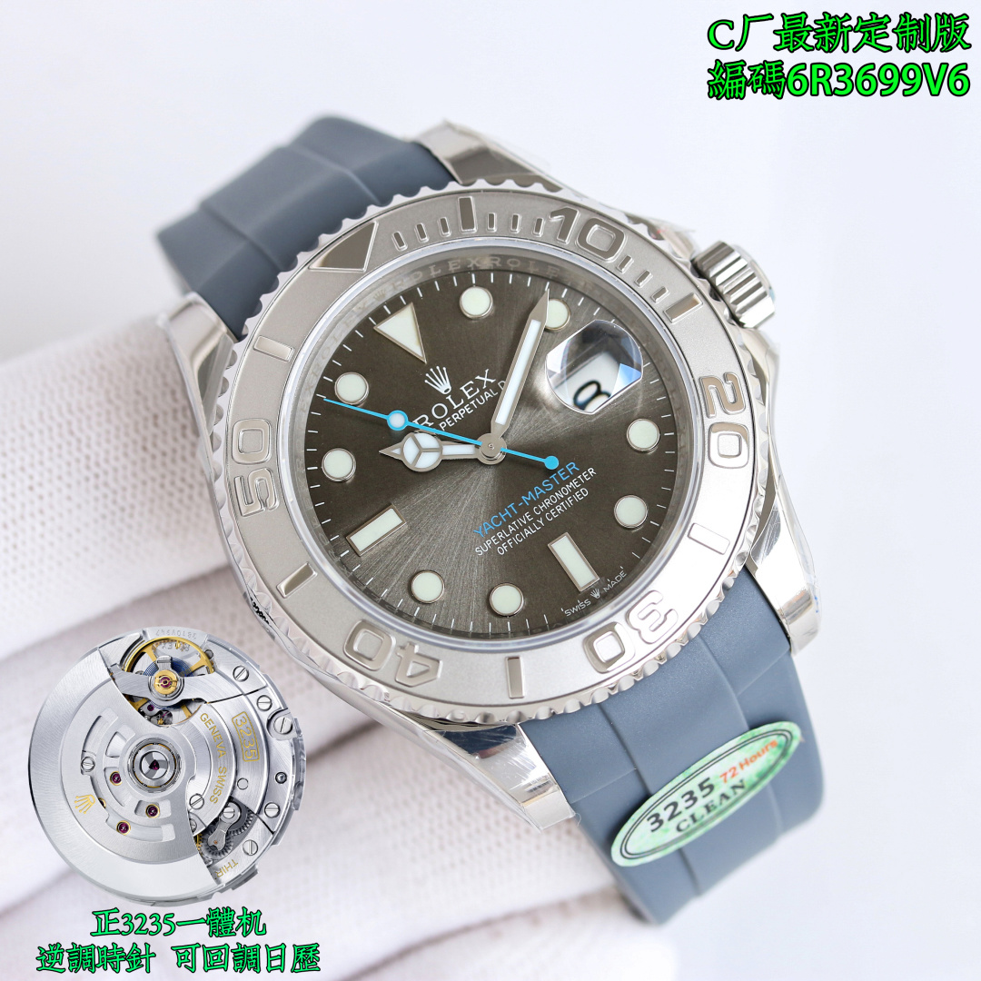 NO:602112,Produced by C Factory CLEAN Factory Rolex ROLEX Yacht 40 Series Mk1 New, new product, latest style, best value for money, special edition, latest launch, yacht custom-made natural fluorine rubber strap, yacht 40mm series 126622. ps/126655 rose gold version recently launched 1. Left/right GEN=genuine  clean=clean factory product, with all-in-one machine, counterclockwise adjustment, correct movement, watch code 6R3699V6, the latest watch code, button code 7CD, quality assurance, the same as the original version 2. The gray side on the left appears to be a bit different because it is in a soft light box, but under natural light, the similarity is as high as 95 or more, and the natural light will be released behind for comparison. 3. The blue side on the right, compared with factory C  For the genuine product, the blue is slightly lighter. Of course, the characteristic of the radial pattern dial is that it displays different colors under different lights. To be precise, the RGB color values are on the same basis, and there will not be much deviation overall. Because Factory C uses the same PVD plating process as the genuine product on the entire radial pattern dial, such as the water ghost dial, various log dials, and this time the yacht dial involves color radial pattern.  It is guaranteed that the color of the shipment will not differ in tone due to different batches. In addition, the coating is thin, and the sun pattern on the bottom can be clearly seen. However, the cost is high. 4. This time, the ring mouth uses electroplated PVD platinum + anti-fingerprint coating.  The material is also changed from ordinary brass to fine steel. In other words, even if the ring is bumped and the electroplating layer is damaged and the base color is exposed, it will still be the same as platinum. However, the hardness of fine steel is higher than that of ordinary copper. This also requires a lot of effort in terms of processing and cost.  5. Look for the quality of Factory C, quality assurance, soft film packaging, diameter 40mm, with all-in-one machine, counter-adjustable clock hand, watch code 6R3699V6, the latest font, button code 7CD, the latest label on the back cover, high quality, high-end customized products. For the best luxury gift recommendations, please look for the exclusive quality of Factory C CLEAN, rolex19860909C厂 出品  CLEAN Factory 劳力士 ROLEX 游艇40系列 Mk1 上新,新品,最新款式,最高性价比,特惠版本,最新推出,游艇定做天然氟橡胶表带, 游艇40mm系列 126622. ps/126655玫瑰金版本近期推出1.左侧/右侧 GEN=真品 clean=clean厂产品,搭配一体机,逆调时针,对版机芯,腕表编码6R3699V6最新腕表编码,扣子编码7CD,品质保证,原版一致2.左侧灰色面因为在柔光箱中,显得色差有些大,但是在自然光线下,相似程度高达95以上,后面会放出自然光对比.3.右侧蓝色面,c厂相较于真品而言,蓝色略浅一些,当然了,放射纹盘面的特点就是在不同的光线下呈现出的颜色不一样,准确说,RGB色值在一个基准上,整体就不会有太大的偏差.因为c厂在整个放射纹表盘上,例如水鬼盘,各种日志盘,以及本次游艇盘涉及到彩色放射纹的,均采用同真品一致的pvd电镀工艺,优点就是 保证出货颜色不会因为批次不同,而色调上产生差异化.另外就是镀层薄,能够清晰看到底面的太阳纹路.但是就是成本高.4.本次圈口采用电镀pvd白金+防指纹镀膜,圈口材质也一般的黄铜更改为精钢材质,也就是说,即便圈口有磕碰,电镀层破坏.露出底色,他也是和白金色是一样的.但是精钢硬度高于一般铜材.也是在加工和成本上卯足了劲. 5,认准C厂品质,品质保证,软膜包装,直径40mm,搭配一体机,逆调时针,腕表编码6R3699V6,最新字体,扣子编码7CD,后盖最新标签,高品质,高端定制产品 送礼最佳奢华推荐请认准C厂CLEAN独家品质,,rolex,Watch