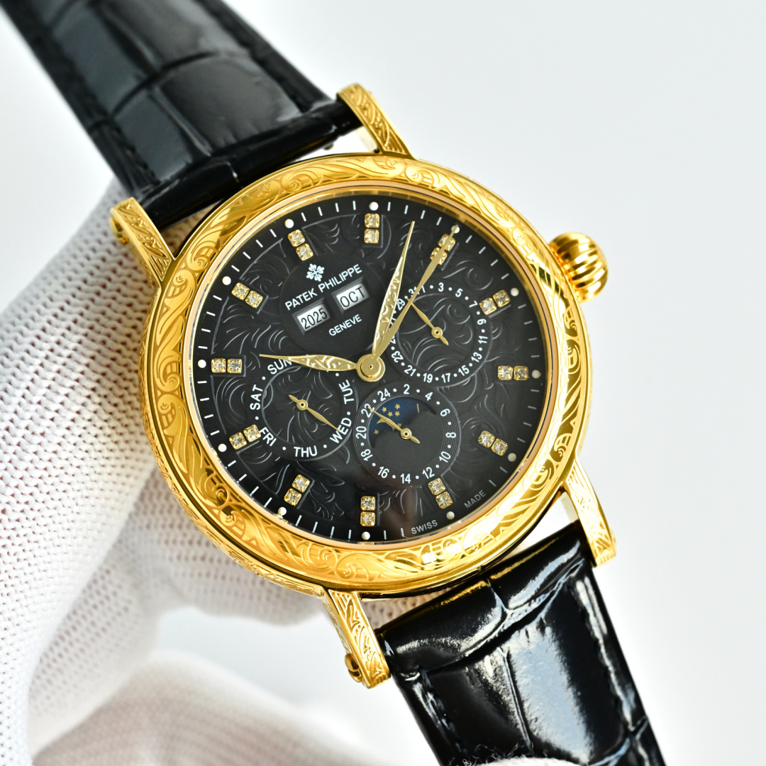 NO:617636,Produced by PPF, white shell, gold shell, PPF Factory [ingenious masterpiece, iron scratched silver hook, vigorous and powerful] PP, the highest version on the market, high-looking new product, simple and retro!  Exquisite craftsmanship!  R69 Engraved The best collection of the year - Patek Philippe PP classical super complex multi-functional perpetual calendar watch!  1 The team spent more than two years carefully designing, regardless of cost, daring to be the first, striving for perfection, overcoming many difficulties, and breaking through multi-layered technical bottlenecks. The movement model is CH 29-upgraded version. The 6 o'clock position on the dial is the moon phase display and date separation. It is equipped with an imitation 324SQ automatic winding movement, and the quality is stable!  2 [Strap] Classic Italian calfskin strap with clear texture and good texture. Paired with the top Patek Philippe lantern buckle on the market, it is universal and original and stress-free. 3 The elegant Calatrava carved case is very personalized!  The 442mm watch diameter is suitable for popular male hands, consistent with the counter, and is suitable for both business and leisure. PP Factory’s masterpieces are welcome for your appreciation!  Luxurious and exquisite recommendation for men’s multifunctional mechanical watch as a gift. The best luxury recommendation. Please look for the exclusive quality of PPF, patek philippe, cowhide19860909PPF 出品 白壳 金壳 PPF Factory【匠心力作 铁划银钩 苍劲有力】PP 市场最高版本 高颜值新品 古朴,复古！精湛的工艺！R69 雕花 年度最佳典藏之作——百达翡丽 PP 古典超级复杂多功能 万年历功能腕表！ 1团队历时两年多精心设计,不计成本,敢为人先,力求完美,克服重重难关,突破多层技术瓶颈,机芯型号为CH 29- 升级版,表盘6点位置是月相显示和日期分拔,搭配仿324SQ自动上链机芯,质量稳定！ 2【表带】经典意大利小牛皮表带,纹路清晰,质感好.搭配圈市面最顶级的百达.翡丽灯笼表扣,通用原装无压力. 3优雅的Calatrava雕花表壳极具个性！ 442毫米的表径适配大众男性手寸,与专柜一致,非常商务可亦休闲. PP Factory匠心力作 欢迎您的品鉴！奢华精致推荐男士多功能机械腕表送礼最佳奢华推荐请认准PPF独家品质,,patek philippe,cowhide,Watch