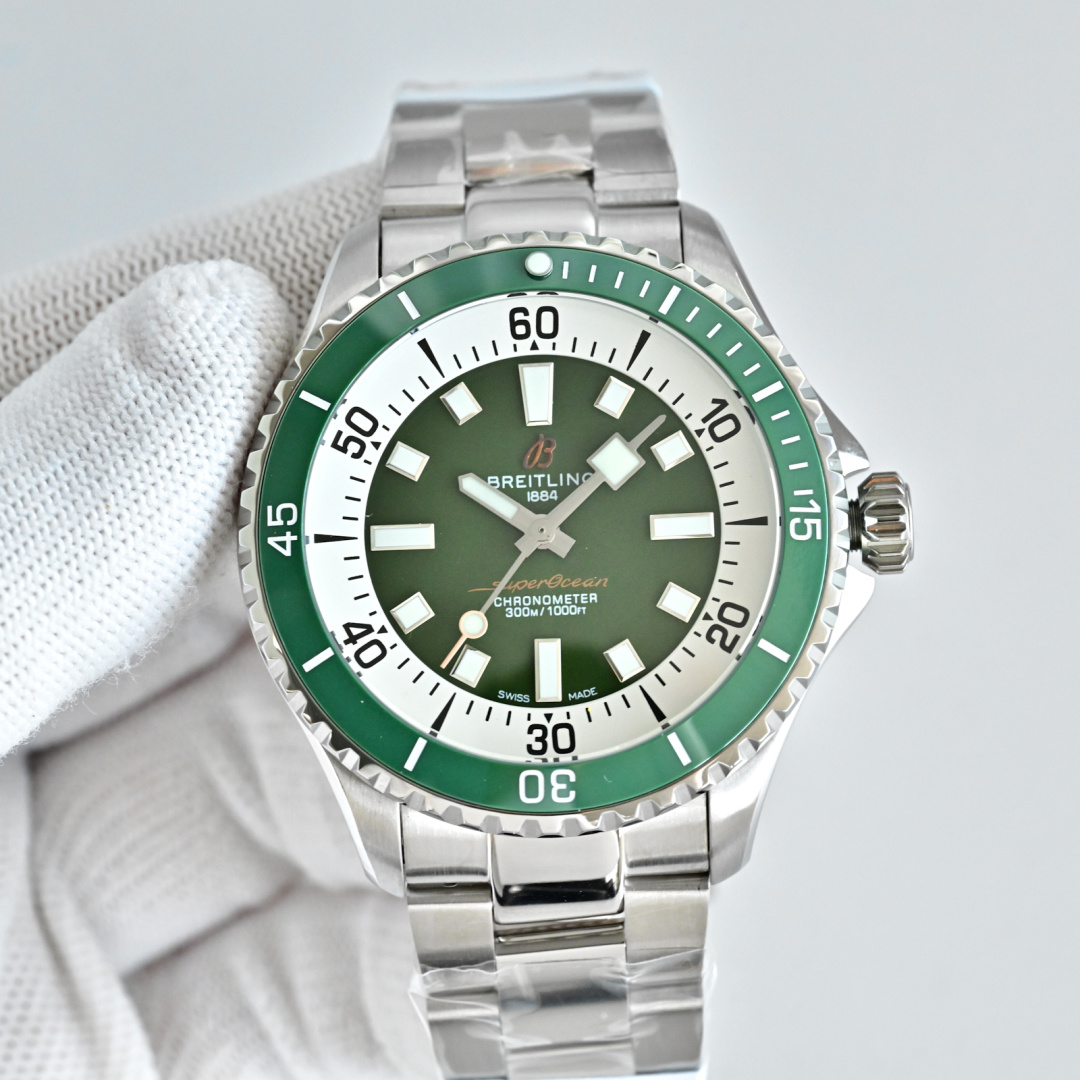 NO:617654,BLS produces tape model and steel band model BLS Factory Breitling BN1 Super Ocean Series 42mm watch.  1 A diving watch must not only meet the needs of clear reading, but also be easy to operate. The time scale and hands of this model are coated with maximum luminous coating to ensure that they can be read clearly in the dim deep sea, just like a small light bulb in the dark; convenience is inseparable from the pitted ceramic bezel and micro-pull folding clasp; it is matched with a precise mechanical movement and wear-resistant double-spherical sapphire glass. 2  The geometric hands are clear and stylish. The hands of this watch bring the charm of geometry to the extreme. The novel and harmonious combination is not only clear when reading, but also unforgettable at first sight.  3. Listen to the sound to identify the watch, and it is easy to operate. People who like mechanical watches are also fascinated by the sounds when winding the chain and rotating the bezel. Listening to the distinct rhythm, the hands seem to be able to clearly feel the smooth operation of each component. The details of the one-way rotating bezel and screw-in crown make it easy for the wearer to operate even with long nails, and every time they interact with the watch, they hear the crisp and pleasant mechanical sound.  4. There are many choices, so you should try boldly. The dial logo, bezel scale, time scale, etc. of the Super Ocean series are as pure as possible in color and details to highlight the colorful dial colors. Multi-color ceramic rings are matched with colorful dials to have more diverse choices!  Luxurious and exquisite recommended men's mechanical watches. For the best luxury recommendations for gifts, please look for BLS exclusive quality, breitling19860909BLS 出品 胶带款 钢带款  BLS Factory 百年灵 BN1 超级海洋系列42mm腕表. 1潜水表既要满足清读时,更要操作便捷.此款时标和指针大限度的夜光涂层,保证在昏暗的深海能清晰读时,如在黑暗中的小灯泡一样；便捷则离不开带坑纹的陶瓷表圈、微拉扣的折叠表扣；配搭精准机械机芯与耐磨的双球形蓝宝石玻璃. 2 几何指针,清晰更有型.此款腕表的指针将几何魅力挥洒到极致,新奇而和谐的组合,不但读时清晰,更一见难忘. 3听声辨表,操作便捷.喜欢机械腕表的人,也多为上链时、旋转表圈时的声音着迷.听着那分明的节奏,手下似乎更能清晰地感受到各个部件在流畅运转.单向旋转表圈、旋入式表冠在细节上的处理使得佩戴者即使是长指甲也能轻松操作,并且每一次与腕表互动都听到那清脆悦耳的机械声. 4选择众多,宜大胆尝试.超级海洋系列的表盘Logo、表圈刻度、时标等在配色和细节上都尽可能的纯粹,以凸显多彩的盘面颜色.多色陶瓷圈与多彩的盘面配搭,拥有更多样化的选择！奢华精致推荐男士机械腕表 送礼最佳奢华推荐请认准BLS 独家品质,,breitling,Watch