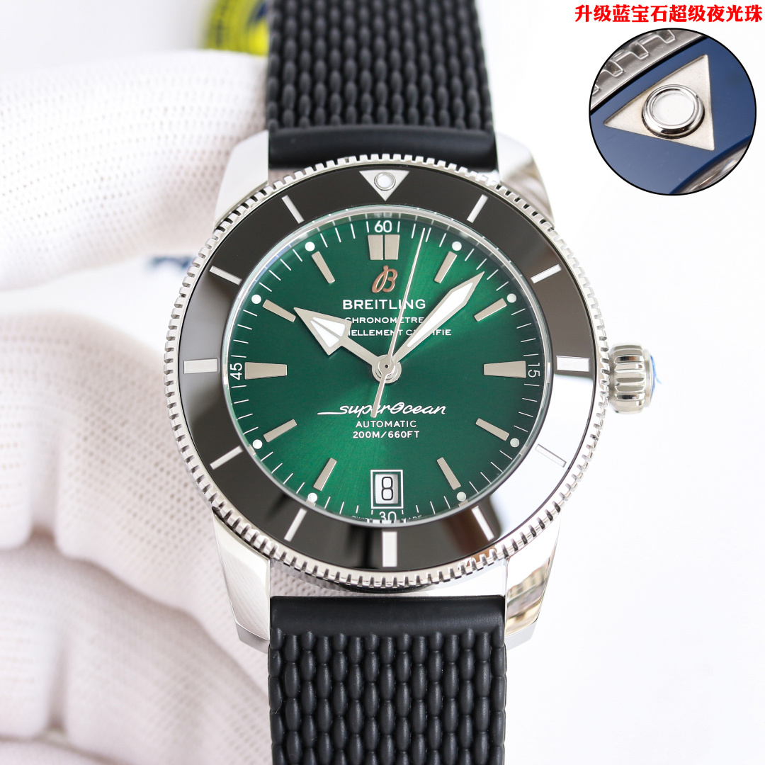 NO:586014,The second-generation 42mm watch (2824) movement of the Breitling family's 'Water Ghost' Super Ocean series is slow-worked and finely ground. The bezel is made of polymer wear-resistant ceramics, which is durable and wear-resistant. The silver scales developed at a huge cost can be wiped clean with water if they are dirty. This completely solves the problem of getting darker or fading with more rubbing. It perfectly interprets and refreshes the ceramic ring replica technology. Below the ceramic ring is a one-way rotating stainless steel outer ring with a tooth design.  It is carved and then polished with cutting-edge CNC machine tools. The precision of the accessories is beyond ordinary. The original mold is opened and can be interchanged with the original product. Each watch has passed a 3 atmospheric pressure waterproof test and is waterproof. Curved sapphire mirror, double-sided anti-glare treatment. Uniquely shaped hands with super luminous, equipped with replica B20 self-winding (2824) movement, 1:1 replica original natural rubber strap mechanical watch,,,breitling19860909金   百年灵 家族的“水鬼”超级海洋系列,二代 42mm腕表（2824)机芯,慢工细磨,采用高分子耐磨陶瓷制成的表圈,经久耐磨,耗巨资研制的银色刻度脏了可用水擦洗干净,彻底解决越擦越黑或擦褪色等问题,完美诠释并刷新陶瓷圈复刻工艺,陶瓷圈下面是齿设计的单向旋转精钢外圈, 用尖端卓越的CNC数控机床精雕加工再进行抛光处理,配件精密度超越一切平常,原装开模,可与正品互换,每块表都经过3个大气压防水测试,防水.弧面蓝宝石表镜,双面防眩处理.造型独特的指针带有超强夜光,搭载复刻B20自动上链（2824 )机芯,1:1 复刻原装天然橡胶表带机械腕表,,,breitling,Watch