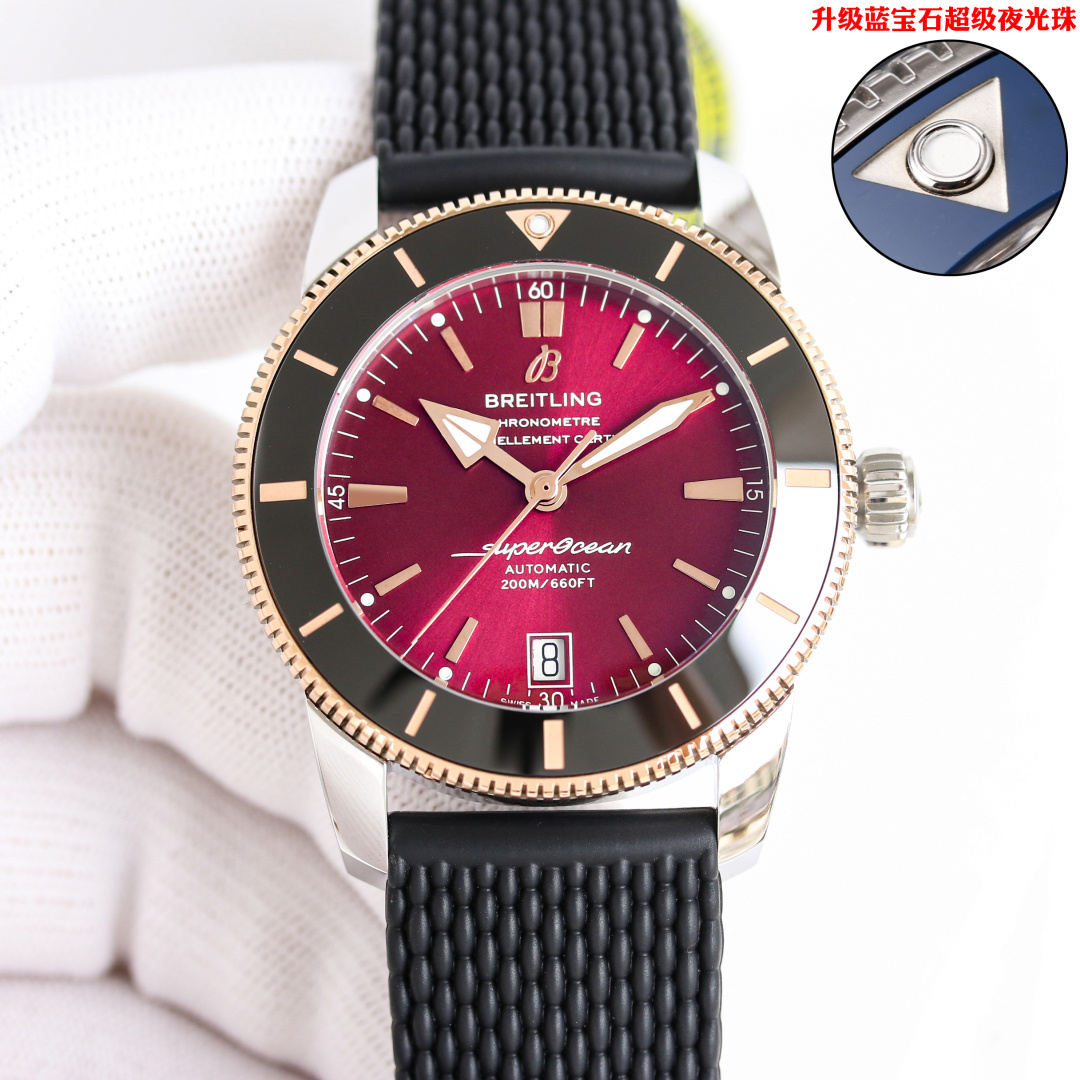 NO:586022,The second-generation 42mm watch (2824) movement of the Breitling family's 'Water Ghost' Super Ocean series is slow-worked and finely ground. The bezel is made of polymer wear-resistant ceramics, which is durable and wear-resistant. The silver scales developed at a huge cost can be wiped clean with water if they are dirty. This completely solves the problem of getting darker or fading with more rubbing. It perfectly interprets and refreshes the ceramic ring replica technology. Below the ceramic ring is a one-way rotating stainless steel outer ring with a tooth design.  It is carved and then polished with cutting-edge CNC machine tools. The precision of the accessories is beyond ordinary. The original mold is opened and can be interchanged with the original product. Each watch has passed a 3 atmospheric pressure waterproof test and is waterproof. Curved sapphire mirror, double-sided anti-glare treatment. Uniquely shaped hands with super luminous, equipped with replica B20 self-winding (2824) movement, 1:1 replica original natural rubber strap mechanical watch,,,breitling19860909金   百年灵 家族的“水鬼”超级海洋系列,二代 42mm腕表（2824)机芯,慢工细磨,采用高分子耐磨陶瓷制成的表圈,经久耐磨,耗巨资研制的银色刻度脏了可用水擦洗干净,彻底解决越擦越黑或擦褪色等问题,完美诠释并刷新陶瓷圈复刻工艺,陶瓷圈下面是齿设计的单向旋转精钢外圈, 用尖端卓越的CNC数控机床精雕加工再进行抛光处理,配件精密度超越一切平常,原装开模,可与正品互换,每块表都经过3个大气压防水测试,防水.弧面蓝宝石表镜,双面防眩处理.造型独特的指针带有超强夜光,搭载复刻B20自动上链（2824 )机芯,1:1 复刻原装天然橡胶表带机械腕表,,,breitling,Watch