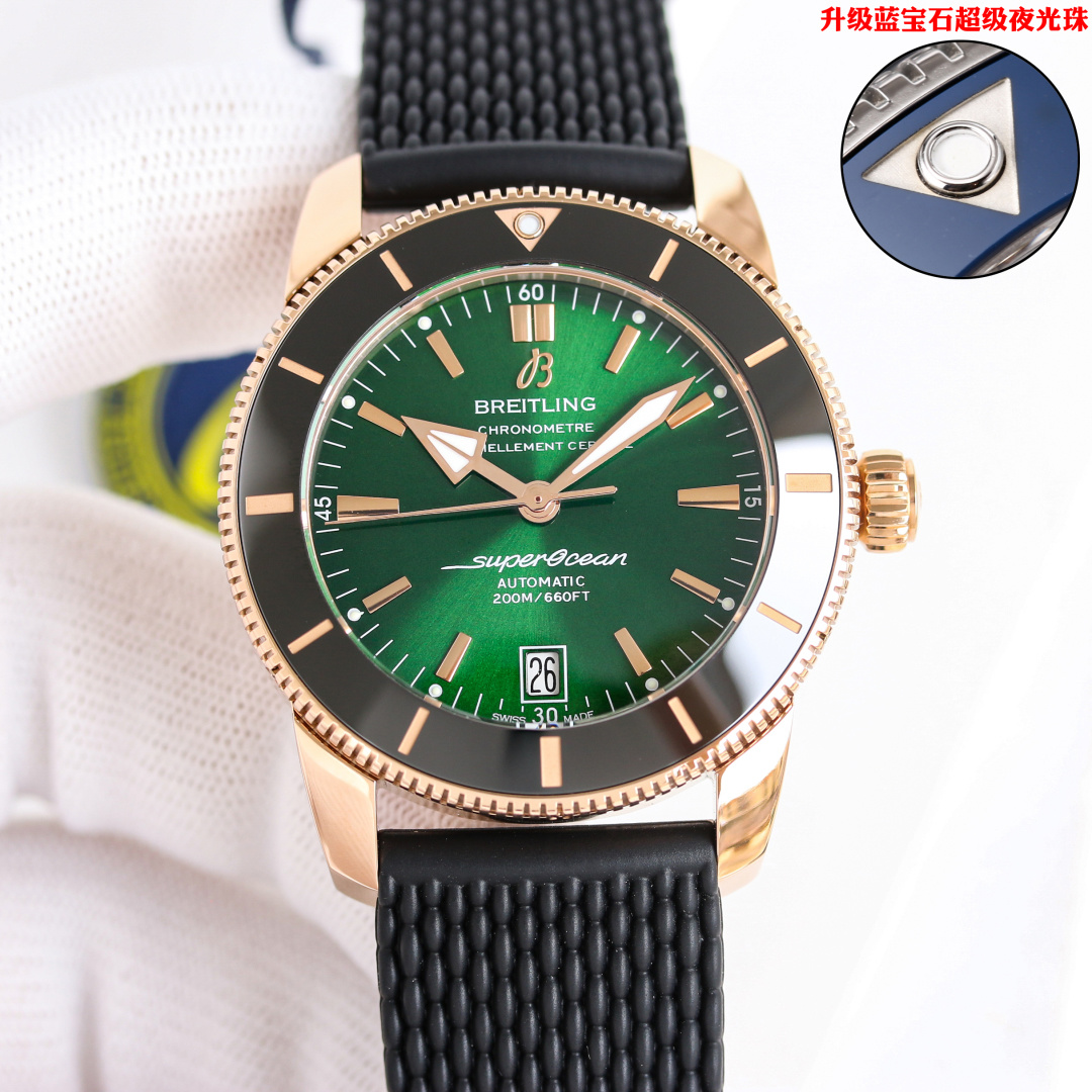 NO:586030,The second-generation 42mm watch (2824) movement of the Breitling family's 'Water Ghost' Super Ocean series is slow-worked and finely ground. The bezel is made of polymer wear-resistant ceramics, which is durable and wear-resistant. The silver scales developed at a huge cost can be wiped clean with water if they are dirty. This completely solves the problem of getting darker or fading with more rubbing. It perfectly interprets and refreshes the ceramic ring replica technology. Below the ceramic ring is a one-way rotating stainless steel outer ring with a tooth design.  It is carved and then polished with cutting-edge CNC machine tools. The precision of the accessories is beyond ordinary. The original mold is opened and can be interchanged with the original product. Each watch has passed a 3 atmospheric pressure waterproof test and is waterproof. Curved sapphire mirror, double-sided anti-glare treatment. Uniquely shaped hands with super luminous, equipped with replica B20 self-winding (2824) movement, 1:1 replica original natural rubber strap mechanical watch,,,breitling19860909金   百年灵 家族的“水鬼”超级海洋系列,二代 42mm腕表（2824)机芯,慢工细磨,采用高分子耐磨陶瓷制成的表圈,经久耐磨,耗巨资研制的银色刻度脏了可用水擦洗干净,彻底解决越擦越黑或擦褪色等问题,完美诠释并刷新陶瓷圈复刻工艺,陶瓷圈下面是齿设计的单向旋转精钢外圈, 用尖端卓越的CNC数控机床精雕加工再进行抛光处理,配件精密度超越一切平常,原装开模,可与正品互换,每块表都经过3个大气压防水测试,防水.弧面蓝宝石表镜,双面防眩处理.造型独特的指针带有超强夜光,搭载复刻B20自动上链（2824 )机芯,1:1 复刻原装天然橡胶表带机械腕表,,,breitling,Watch