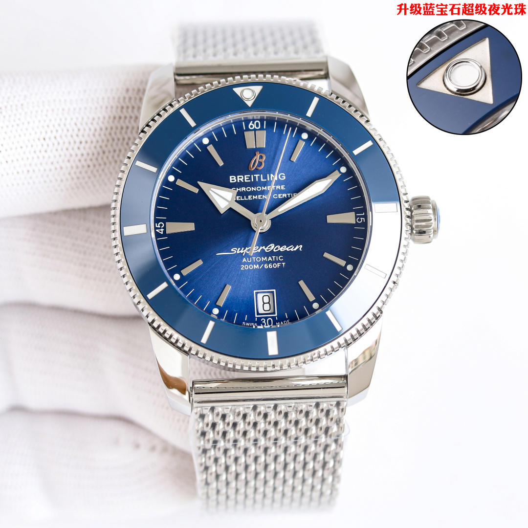 NO:586037,The second-generation 42mm watch (2824) movement of the Breitling family's 'Water Ghost' Super Ocean series is slow-worked and finely ground. The bezel is made of polymer wear-resistant ceramics, which is durable and wear-resistant. The silver scales developed at a huge cost can be wiped clean with water if they are dirty. This completely solves the problem of getting darker or fading with more rubbing. It perfectly interprets and refreshes the ceramic ring replica technology. Below the ceramic ring is a one-way rotating stainless steel outer ring with a tooth design.  It is carved and then polished with cutting-edge CNC machine tools. The precision of the accessories is beyond ordinary. The original mold is opened and can be interchanged with the original product. Each watch has passed a 3 atmospheric pressure waterproof test and is waterproof. Curved sapphire mirror, double-sided anti-glare treatment. Uniquely shaped hands with super luminous, equipped with replica B20 self-winding (2824) movement, 1:1 replica original natural rubber strap mechanical watch,,,breitling19860909金   百年灵 家族的“水鬼”超级海洋系列,二代 42mm腕表（2824)机芯,慢工细磨,采用高分子耐磨陶瓷制成的表圈,经久耐磨,耗巨资研制的银色刻度脏了可用水擦洗干净,彻底解决越擦越黑或擦褪色等问题,完美诠释并刷新陶瓷圈复刻工艺,陶瓷圈下面是齿设计的单向旋转精钢外圈, 用尖端卓越的CNC数控机床精雕加工再进行抛光处理,配件精密度超越一切平常,原装开模,可与正品互换,每块表都经过3个大气压防水测试,防水.弧面蓝宝石表镜,双面防眩处理.造型独特的指针带有超强夜光,搭载复刻B20自动上链（2824 )机芯,1:1 复刻原装天然橡胶表带机械腕表,,,breitling,Watch