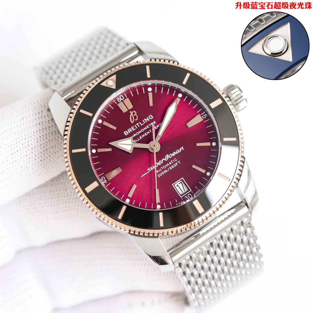 NO:586043,The second-generation 42mm watch (2824) movement of the Breitling family's 'Water Ghost' Super Ocean series is slow-worked and finely ground. The bezel is made of polymer wear-resistant ceramics, which is durable and wear-resistant. The silver scales developed at a huge cost can be wiped clean with water if they are dirty. This completely solves the problem of getting darker or fading with more rubbing. It perfectly interprets and refreshes the ceramic ring replica technology. Below the ceramic ring is a one-way rotating stainless steel outer ring with a tooth design.  It is carved and then polished with cutting-edge CNC machine tools. The precision of the accessories is beyond ordinary. The original mold is opened and can be interchanged with the original product. Each watch has passed a 3 atmospheric pressure waterproof test and is waterproof. Curved sapphire mirror, double-sided anti-glare treatment. Uniquely shaped hands with super luminous, equipped with replica B20 self-winding (2824) movement, 1:1 replica original natural rubber strap mechanical watch,,,breitling19860909金   百年灵 家族的“水鬼”超级海洋系列,二代 42mm腕表（2824)机芯,慢工细磨,采用高分子耐磨陶瓷制成的表圈,经久耐磨,耗巨资研制的银色刻度脏了可用水擦洗干净,彻底解决越擦越黑或擦褪色等问题,完美诠释并刷新陶瓷圈复刻工艺,陶瓷圈下面是齿设计的单向旋转精钢外圈, 用尖端卓越的CNC数控机床精雕加工再进行抛光处理,配件精密度超越一切平常,原装开模,可与正品互换,每块表都经过3个大气压防水测试,防水.弧面蓝宝石表镜,双面防眩处理.造型独特的指针带有超强夜光,搭载复刻B20自动上链（2824 )机芯,1:1 复刻原装天然橡胶表带机械腕表,,,breitling,Watch