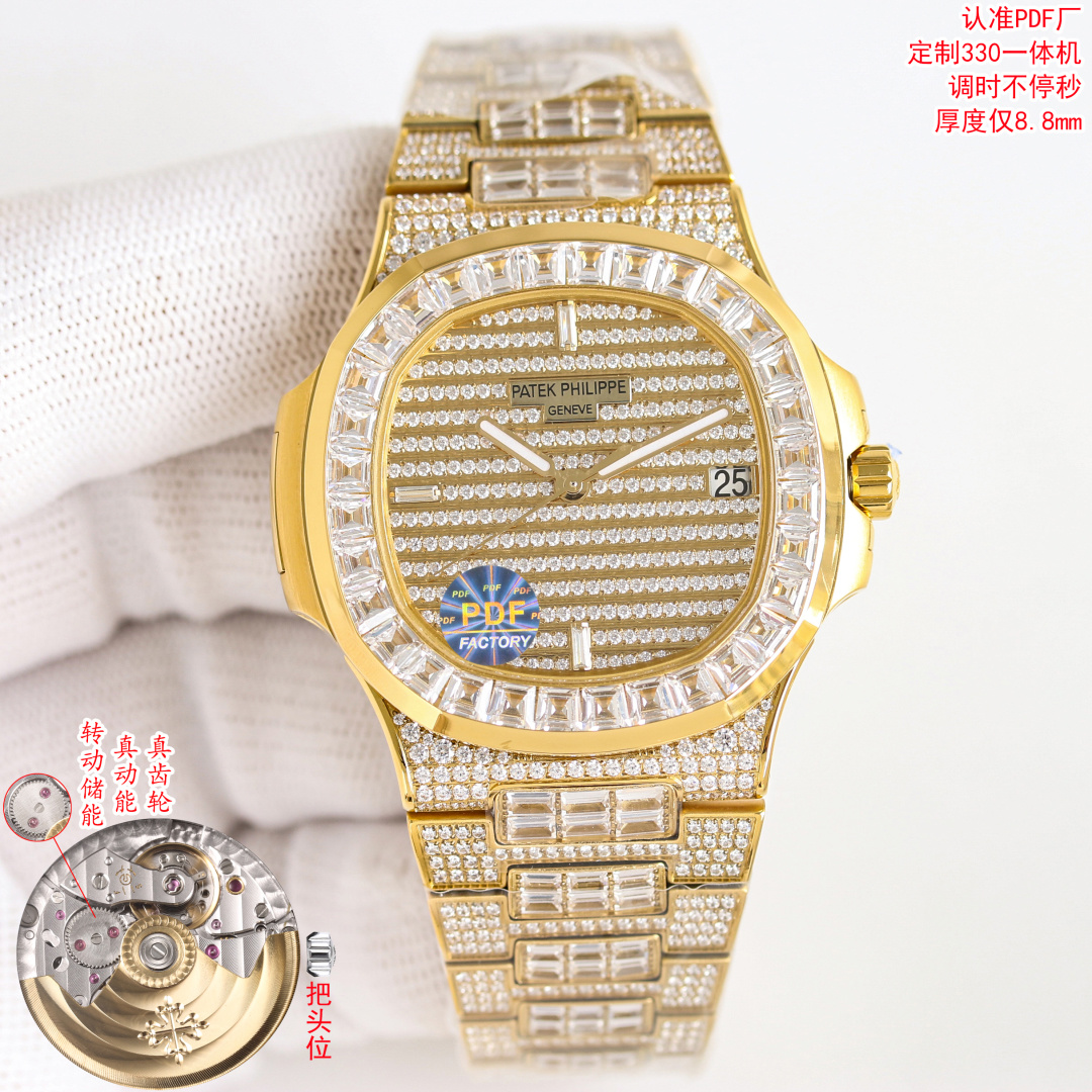 NO:617814,PDF produced by PDF Factory is full of stars!  Patek Philippe PATEK PHILIPPE R69 Nautilus 5719 series top full diamond watch PP Nautilus Gypsophila star series size 40mm  The case is inlaid with 8 stars and 8 arrows top fire rhinestones, and the bezel is inlaid with 32 long T-shaped diamonds. The bracelet is inlaid with 803 eight stars and eight arrows top fire rhinestones and 150 long T square diamonds. The dial is inlaid with 255 eight stars and eight arrows top fire rhinestones and 3 long T diamonds for hour markers. PDF Factory invites you to appreciate the ultimate luxury Nautilus, allowing you to wear it to show your kingly style. Luxurious and exquisite recommended men's mechanical watches  For the best luxury gift recommendations, please look for PDF exclusive quality, patek philippe, gold19860909PDF 出品 PDF Factory满天星来袭！ 百达翡丽 PATEK PHILIPPE R69 Nautilus 5719系列顶配满钻腕表 PP 鹦鹉螺 满天星系列 尺寸40mmX8.7mm 机芯独家定制26-一体自动上链机芯,调时不止秒及可动上链轮 整表均采用316L精钢CNC精雕加工后电镀白金,黄金,玫瑰金 表壳镶嵌颗八星八箭顶级火彩水钻,圈口32颗长形T方钻 表链工字珠镶嵌803颗八星八箭顶级火彩水钻及150颗长形T方钻 表盘镶嵌255颗八星八箭顶级火彩水钻及3颗长形T钻时标 PDF Factory 邀您共鉴极致奢华的顶配鹦鹉螺,让您佩戴尽显王者风范 奢华精致推荐男士机械腕表 送礼最佳奢华推荐请认准PDF独家品质,,patek philippe,gold,Watch