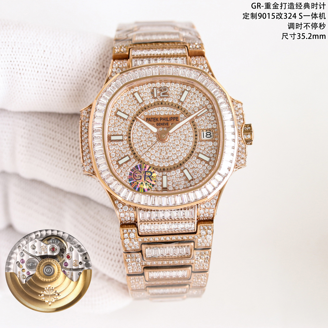 NO:617829,Produced by GR, GR Factory spends a lot of money to create classic timepieces - Patek Philippe PP 7021 Women's Nautilus R69 Diamond-filled Limited Edition. Small arrival, limited supply (the whole body is made of eight hearts and eight arrows natural Opal rhinestones) Starry Nautilus series for women. Gift value travel convenient customized watch box. Watch: customized modified 324 S automatic one-piece winding mechanical movement, center large second hand. Dial: pavé diamonds, 3-digit calendar window, with 286 diamonds.  Case: Pavé-set with 518 diamonds, with sapphire crystal transparent cover. Waterproof coefficient 30 meters. Diameter 35.2mm. Bracelet: Made of 1,729 diamonds. The rare 'irregular snowflake diamond setting' process makes the watch even more dazzling. This process requires diamonds of various sizes to be inlaid and fixed in place, hiding traces of precious metals before each diamond as much as possible. Top with Nautilus 7021 Gypsophila, which is currently considered the most luxurious women's Nautilus.  No one should be able to refuse it. The whole body is inlaid with snowflake diamonds. Not only the dial, but also the strap are all inlaid with snowflake diamonds. In short, one word is 'sparkling' (white is white gold in a vacuum furnace, and rose is nano-rose gold in a vacuum furnace). GR boutique, watch friends are welcome to taste it. Luxurious and exquisite, we recommend women's mechanical watches. For the best luxury recommendations as gifts, please look for the exclusive quality of GR, patek philippe19860909GR 出品 GR Factory 重金打造经典时计——百达翡丽 PP 7021女士鹦鹉螺 R69 满钻限量款 少量到货,限量供应（全身采用八心八箭天然奥宝水钻）满天星鹦鹉螺系列 女 赠送价值旅行便捷定制手表表盒 腕表:定制改324 S自动一体上链机械机芯,中心大秒针 表盘:密镶钻,3字位显示日历窗口,拥有286颗钻 表壳:密镶拥有518颗钻,拥有蓝宝石水晶透盖.防水系数30米.直径35.2mm 表链:采用拥有1729钻采用罕见的“不规则雪花镶钻”工艺,令腕表更添耀眼光彩,这项工艺需要将大小各异的钻镶嵌并固定到位,尽可能隐匿每颗钻之前的贵金属痕迹. 顶配鹦鹉螺7021满天星 目前算是最奢华的女款鹦鹉螺 应该没有人能拒绝了它了吧 雪花镶钻全身 不仅是表盘,表带都是雪花镶钻总之一个字“闪”（白色为真空炉内白金,玫色为真空炉内纳米玫瑰金） GR精品,欢迎表友品鉴 奢华精致推荐女士机械腕表 送礼最佳奢华推荐请认准GR独家品质,,patek philippe,Watch