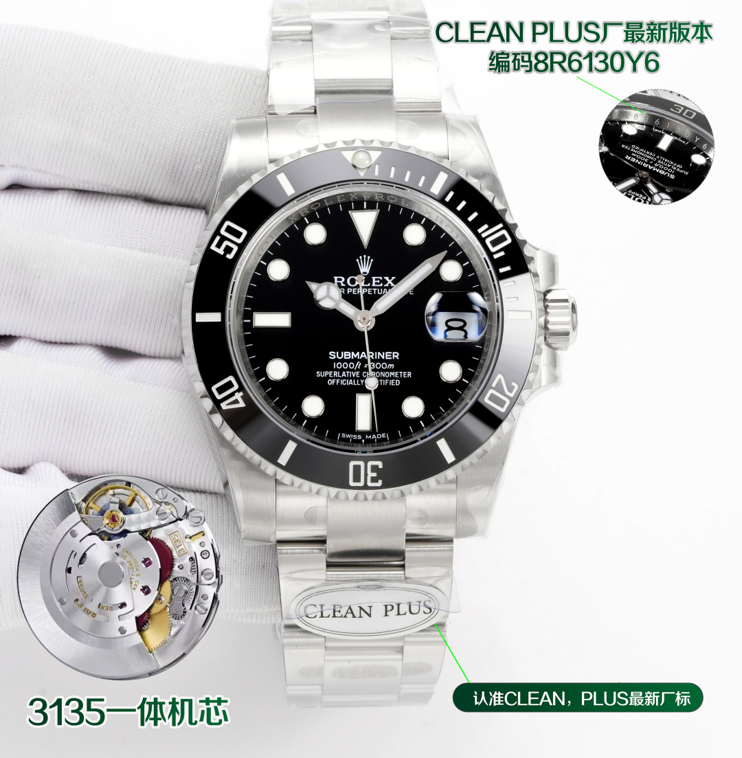 NO:641171,Produced by C Factory PLUS CLEAN PLUS Factory ROLEX Submariner series 40mm Mk1 new version, special promotion, special version, high quality, high cost performance, C+plus factory 40mm Submariner 116610 series full line v5 version, latest watch code 8R6130Y6, watch buckle code, 5HF, upgrade points 1. Full line replacement of integrated movement Movement polishing upgrade  The structure of the movement is closer to the original. 2. The outer ring does not feel astringent when rotating. 3. The white edge of the glass is corrected. 4. The calendar font is corrected to eliminate burrs and signs of inkjet on the calendar background. 5. The chamfering and polishing of the strap is more rounded. 6. The opening and closing strength of the buckle/swing frame can reach the 'electric suction door' spot, as smooth as silk. Real C+, the latest version of v4 green ring, beat the original v3 version green ring.  Exclusive CLEAN, pLUS, version blue circle/same as the original blue-purple hand-polished three-dimensional hands/no need to replace substitute hands. Black-green/steel-colored Submariner, still using AR steel strap. Intermediate gold steel strap/full gold watch strap, AR steel strap (exclusive three-section splicing head + stainless steel on the side)  C+ top substitute green dial CLEAN, plus independently developed blue dial made of 904L material (true 18k vacuum plating, quality assurance, the latest watch code 8R6130Y6, watch buckle code, 5HF, the latest label on the back cover! High-quality configuration! Luxurious and exquisite recommended men's mechanical watch. For the best luxury recommendation as a gift, please look for the exclusive quality of C factory PLUS, rolex19860909C厂 PLUS出品  CLEAN PLUS Factory 劳力士 ROLEX 水鬼系列 40mm Mk1 新版本,特惠活动,特惠版本,高品质,高性价比, C+plus厂40mm水鬼116610系列 全线v5版本,最新腕表编码8R6130Y6,腕表表扣编码,5HF, 升级点 1.全线更换一体化机芯 机芯打磨升级 机芯结构更加接近原装 2.外圈转动手感不再生涩 3.玻璃白边修正 4.日历字体修正,杜绝毛刺,杜绝日历底色有喷墨迹象 5.表带倒角打磨更加圆润 6.表扣/千秋架开合力度 都能达到”电吸门“现货,如丝般顺滑 真正的C+,v4最新版本绿色圈口,秒杀原有的v3版绿圈 独家CLEAN,pLUS,版本蓝圈/同原装一致呈现蓝紫色手工打磨立体指针/不用再更换代用指针了. 黑绿/钢色水鬼,沿用AR钢带.间金钢带/全金表带,AR钢带(独家三段拼接头粒+侧面不漏钢） C+顶级代用绿色表盘CLEAN,plus自主研发蓝色表盘全904L材料（真18k真空电镀,品质保证,最新腕表编码8R6130Y6,腕表表扣编码,5HF,后盖最新标签！高品质配置！奢华精致推荐男士机械腕表 送礼最佳奢华推荐请认准C厂PLUS独家品质,,rolex,Watch
