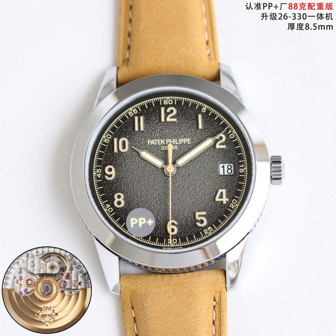 NO:641175,Produced by PP+ PPFactory 88g counterweight PP Patek Philippe CalatravaCM6 classic watch series 5226 series diameter 40MM8.5MM  Famous for its simple and refined round case, Patek Philippe has renovated the design based on this, carving the Paris hobnail pattern on the side edge of the case, showing the elegant style of Patek Philippe. The special case structure integrates the lugs and the case bottom cover, so that the Paris hobnail pattern fully covers the sides of the case.  The dial is decorated with grain, inspired by the aged texture of the antique camera body. This graininess is applied to the dial of the new 5226, adding watch details. The classic three-hand simple design, large-area luminous hands and hour markers, show a stronger sense of movement based on the classical and beautiful style. It is equipped with a 26-automatic winding movement, equipped with hour hand, minute hand, central second hand, and date display window device. Multiple color interchangeable straps are decorated with embossed texture patterns and beige stitching.  PP Factory is committed to providing you with the closest to the original hands-on and real wearing experience. Luxurious and exquisite recommended men's mechanical watches. For the best luxury recommendations for gifts, please look for PP's exclusive quality, patek philippe19860909PP+ 出品  PPFactory 88克配重 PP 百达翡丽 CalatravaCM6 古典表系列 5226系列 直径40MM8.5MM 以其简约精炼的圆形表壳而闻名,百达翡丽在此基础上焕新设计,于表壳侧缘雕饰巴黎钉纹图案,展现百达翡丽典雅格调.特殊表壳结构,令表耳与表壳底盖融为一体,从而使巴黎钉纹全面覆盖表壳侧边. 表盘有颗粒装饰,灵感来源于古董相机的机身旧化的纹理.将这种颗粒感,做到了新款5226的表盘上,增加了手表细节.经典大三针简约设计,大面积夜光的指针和时标,在古典优美的风格基础上表现出更强的运动感. 搭载26-自动上弦机芯,配备时针、分针、中央秒针、日期显示窗装置.多款颜色可互换表带饰有压花纹理图案和米色缝线. PP Factory 致力于为您提供最接近原版的上手把玩及真实佩戴感受 奢华精致推荐男士机械腕表 送礼最佳奢华推荐请认准PP独家品质,,patek philippe,Watch