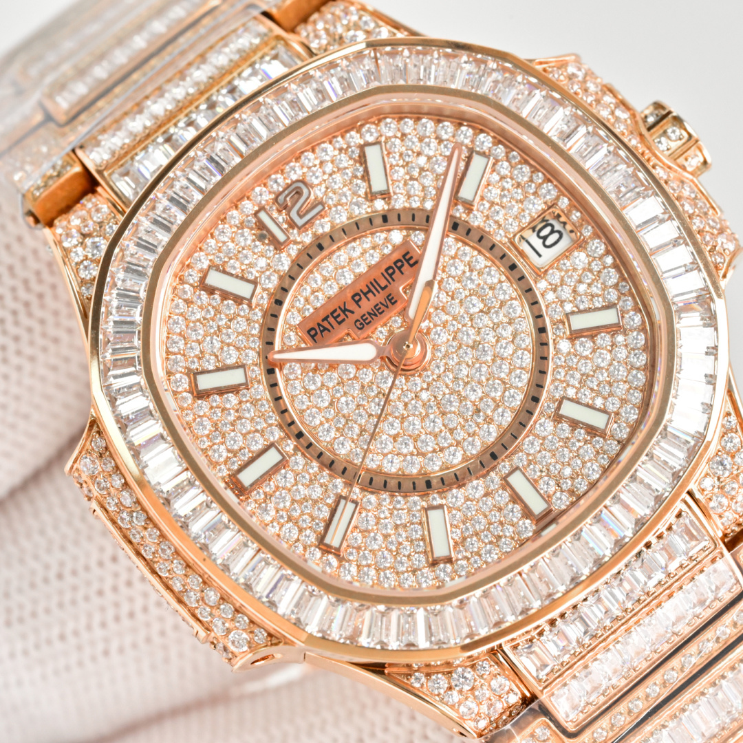 NO:641205,Produced by GR, GR Factory spends a lot of money to create classic timepieces - Patek Philippe PP 7021 Women's Nautilus R69 Diamond-filled Limited Edition. Small arrival, limited supply (the whole body is made of eight hearts and eight arrows natural Opal rhinestones) Starry Nautilus series for women. Gift value travel convenient customized watch box. Watch: customized modified 324 S automatic one-piece winding mechanical movement, center large second hand. Dial: pavé diamonds, 3-digit calendar window, with 286 diamonds.  Case: Pavé-set with 518 diamonds, with sapphire crystal transparent cover. Waterproof coefficient 30 meters. Diameter 35.2mm. Bracelet: Made of 1,729 diamonds. The rare 'irregular snowflake diamond setting' process makes the watch even more dazzling. This process requires diamonds of various sizes to be inlaid and fixed in place, hiding traces of precious metals before each diamond as much as possible. Top with Nautilus 7021 Gypsophila, which is currently considered the most luxurious women's Nautilus.  No one should be able to refuse it. The whole body is inlaid with snowflake diamonds. Not only the dial, but also the strap are all inlaid with snowflake diamonds. In short, one word is 'sparkling' (white is white gold in a vacuum furnace, and rose is nano-rose gold in a vacuum furnace). GR boutique, watch friends are welcome to taste it, luxury and exquisite recommended ladies' mechanical watches. For the best luxury recommendations as gifts, please look for the exclusive quality of GR, patek philippe19860909GR 出品 GR Factory 重金打造经典时计——百达翡丽 PP 7021女士鹦鹉螺 R69 满钻限量款 少量到货,限量供应（全身采用八心八箭天然奥宝水钻）满天星鹦鹉螺系列 女 赠送价值旅行便捷定制手表表盒 腕表:定制改324 S自动一体上链机械机芯,中心大秒针 表盘:密镶钻,3字位显示日历窗口,拥有286颗钻 表壳:密镶拥有518颗钻,拥有蓝宝石水晶透盖.防水系数30米.直径35.2mm 表链:采用拥有1729钻采用罕见的“不规则雪花镶钻”工艺,令腕表更添耀眼光彩,这项工艺需要将大小各异的钻镶嵌并固定到位,尽可能隐匿每颗钻之前的贵金属痕迹. 顶配鹦鹉螺7021满天星 目前算是最奢华的女款鹦鹉螺 应该没有人能拒绝了它了吧 雪花镶钻全身 不仅是表盘,表带都是雪花镶钻总之一个字“闪”（白色为真空炉内白金,玫色为真空炉内纳米玫瑰金） GR精品,欢迎表友品鉴 ,奢华精致推荐女士机械腕表 送礼最佳奢华推荐请认准GR独家品质,,patek philippe,Watch