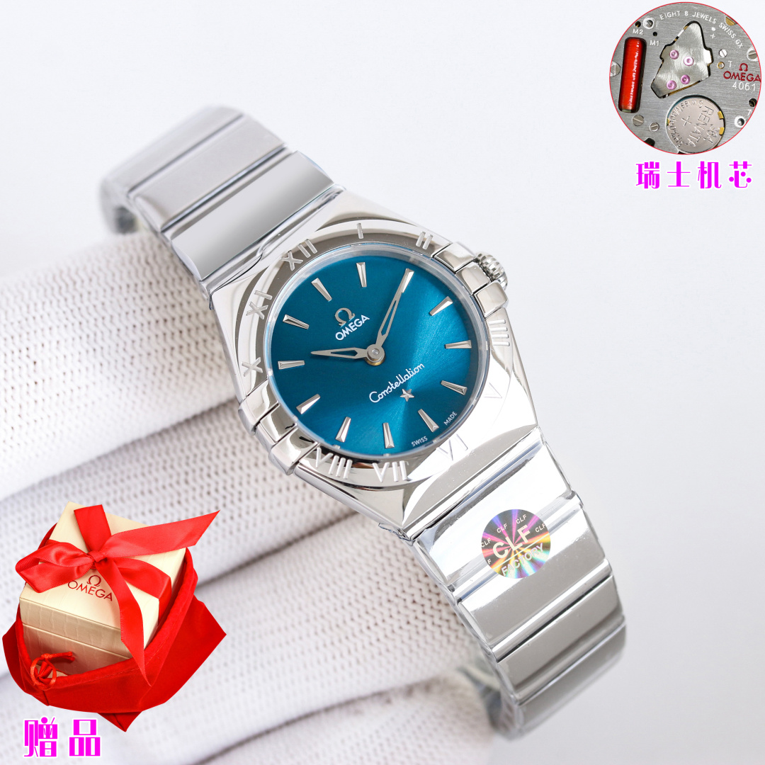 NO:641120,Produced by CLF, white gold shell, bezel diamond 50, shell carving face 50, snowflake diamond ring T diamond face, snowflake five-pointed star diamond belt CLF Factory Omega OMEGA RB2 Constellation Series 28mm Swiss Quartz Watch, the price is faster than most quartz women's watches on the market. 0 errors and 0 faults, you will get a beautiful original box when you place an order, so you don't have to worry about bringing it yourself or giving it as a gift.  1. Half-moon section, the adjusted claw details are slimmer. The case and claws are polished and chamfered to make them more natural. The case handle adopts an internal hexagonal screw-in handle for better waterproof performance!  2. The Roman scale on the bezel and the observatory on the bottom cover are comparable to the original version. 3. The color of the dial has been adjusted by engineers to make it appear more advanced and the style is more youthful and fashionable. 4. The bracelet adopts polishing technology and is dazzling. It is equipped with a comfortable adjustment function and is equipped with a fine-tuning butterfly buckle to fine-tune the length to ensure the comfort and convenience of wearing. 5. Equipped with an original imported Swiss movement, which is strong, stable and trouble-free, giving customers a perfect experience of accuracy and reliability.  The style is gentle and charming, and the workmanship is exquisite. The most beautiful constellation, the first choice for women. Luxurious and exquisite, recommended ladies’ Swiss quartz watch. The best luxury recommendation for gifts, please look for the exclusive quality of CLF, omega.19860909CLF 出品 白壳金壳 圈口钻50 贝壳雕刻面50 雪花钻圈T钻面 雪花五角星钻带 CLF Factory 欧米茄 OMEGA RB2 星座系列 28mm瑞士石英腕表 造价秒杀市面绝大多数石英女表售价.0误差0故障,下单送精美原装盒一个,自带或送礼再无后顾之忧. 1.半月形切面,经过调整的抓爪细节更为纤细,表壳和抓爪经过抛光打磨和倒角处理后,融合得更加自然,表壳把管采用内六角旋入式把管,防水性能更佳！ 2.圈口罗马刻度做法及底盖天文台的还原度媲美原版 3.表盘颜色经过工程师调配的颜色,显得更加高级,风格更显年轻时尚 4.表链采用了抛光的工艺,闪耀夺目,设有舒适调节功能,搭配微调蝴蝶表扣,可微调长短,确保佩戴的舒适与便利. 5.搭载原装进口瑞士机芯,坚挺稳定无故障,给客户带来精准可靠的完美体验. 款式温婉动人,做工细腻入微 最美星座,女士首选 奢华精致推荐女士瑞士石英腕表 送礼最佳奢华推荐请认准CLF独家品质,,omega,Watch