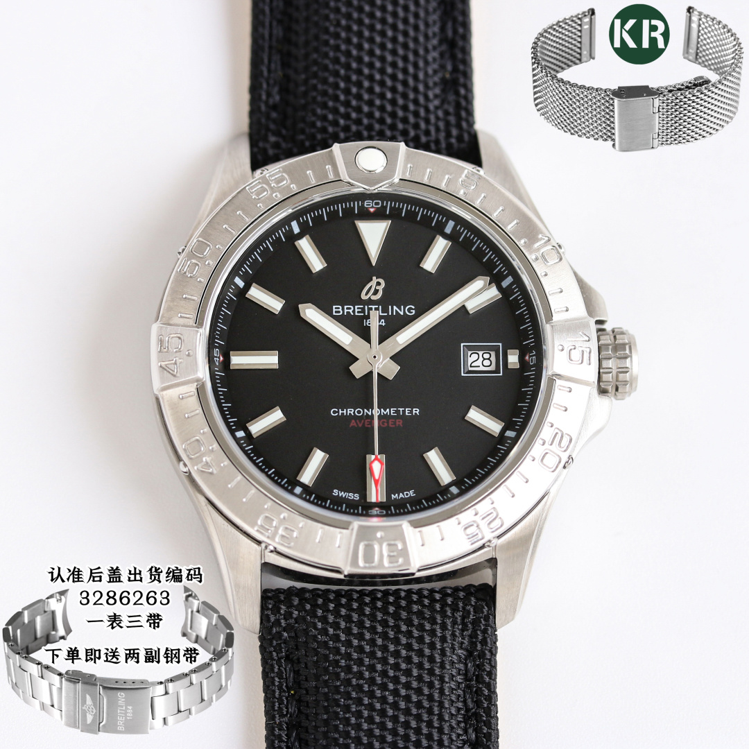 NO:641337,Produced by KR Factory, the new Breitling BN5 Avengers series model A17328101C1A1 is coming!  The watch has a diameter of 42mm, a meter of super waterproof, and a thickness of 12.15mm. It adopts the stable Seagull 2824 modified movement. The dial has stick-shaped time scales with super luminous, curved sapphire crystal glass, and is anti-glare on both sides. It is equipped with a 60-minute fixed bezel. The (literal) literal color is the same as the original, perfectly restoring every detail. The KR factory continues to use time to prove its strength. The free and unrestrained soul is always young and always on the road.  KR ships one watch and three straps, which is very cost-effective!  Luxurious and exquisite recommended men's mechanical watches. For the best luxury recommendations as gifts, please look for KR's exclusive quality, breitling19860909KR 出品 KR Factory 百年灵 BN5 复仇者系列型号A17328101C1A1新款强势来袭！ 腕表表径42mm ,米超强防水 ,厚度12.15mm ,采用稳定海鸥2824改机芯 ,表盘棒状时标超强夜光 ,弧面蓝宝石水晶玻璃,双面防炫 ,搭载60分钟固定圈口,（字面）字面颜色同正品一样,完美还原每个细节 KR工厂不断用时间证明自身实力,自由不拘的灵魂永远年轻,永远在路上. KR出货一表三带戴,性价比超高！奢华精致推荐男士机械腕表 送礼最佳奢华推荐请认准KR 独家品质,,breitling,Watch