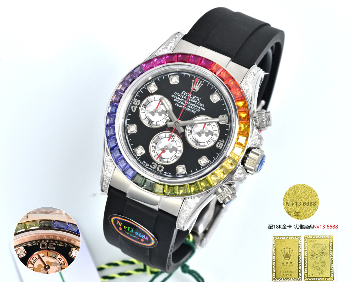 NO:641468,Produced by N v13, Tape Style, Tactile Stone 50 Steel Belt, N v13 Factory, Rolex Daytona Series, OM5 Supreme Edition, V13 Daytona (must have 18k gold card/exclusive label/code engraving on the inside of the gold card synchronized shell ring. N v13 numbers mean 'smooth career and prosperous wealth'). The original molded ultra-thin membrane is as thin as 12.2mm, and is integrally forged from 904 L steel.  Long-lasting wear-resisting, top-notch brushing technology. Rainbow Di’s key quality details 1. The ring is made of top-grade gemstone moissanite (dark and dead color in small workshops). The dial is aligned with the chassis. The round stone or strip stone is the same as the original version. There is an original bottom tray to support the gems. 2. The Swiss process is strictly inspected by QC, and the bottom of the plate is dust-free and flawless... allowing customers to save worry, effort and worry.  3. The steel shell is synchronously raised with four-corner suspension bridges for bending, and the corners of the head are smooth and seamless (the head and the shell are uneven and have large gaps in small workshops, and the workmanship is rough) 4. Focus on adhering to the genuine N steel buckle process with full texture and buckle coding. (The movement uses the new original Dongdan low-tube ultra-thin 7750) (original size 40mm) (sapphire glass) (tested: waterproof to a depth of 100 meters) (Gold card VIP service within one week after sale)  , Man-made damaged accessories need to be paid for after-sales at your own expense) (Warm reminder: If the film is removed/scratched/can no longer be sold for a second time, it will not be returned or exchanged, only a warranty) Luxurious and exquisite recommended men's multi-functional mechanical watch. The best luxury recommendation for gifts, please look for the exclusive quality of N v13, rolex19860909N v13 出品 胶带款 条丁石50 钢带 N v13 Factory 劳力士 ROLEX 迪通拿系列 OM5 至尊版V13 迪通拿（ 必配18k金卡 /独家标签/金卡同步壳圈内侧码雕刻N v13 数字上寓意“事业顺利、财运亨通”） 原版开模超薄拆膜最薄达12.2mm , 整体锻造904 L 钢, 持久耐磨,顶级拉丝工艺. 彩虹迪 重点品质细节 1 圈口采用顶级宝石莫桑石（小作坊暗淡死色）字盘对版底盘圆石或条石原版一致有原底托盘撑起宝石 2瑞士流程严检QC、盘底无灰尘、无瑕疵 … 让客户上手省心省力省烦恼  3钢壳同步四边角吊桥凸起供弯、头粒边角无缝隙平整（小作坊头粒与壳并拢凹凸不平缝隙大,工艺粗糙） 4 重点秉承正N钢带扣工艺细节质感十足,扣子编码 ,（机芯采用全新原版东丹低管超薄7750）（原版尺寸40mm)(蓝宝石玻璃)(经测:深度防水100米）（金卡VIP 售后一个礼拜内 、人为损坏配件售后需自费）（温馨提示:拆膜/刮花/再无法第二次出售的均不退换只保修）奢华精致推荐男士多功能机械腕表 送礼最佳奢华推荐请认准N v13独家品质,,rolex,Watch