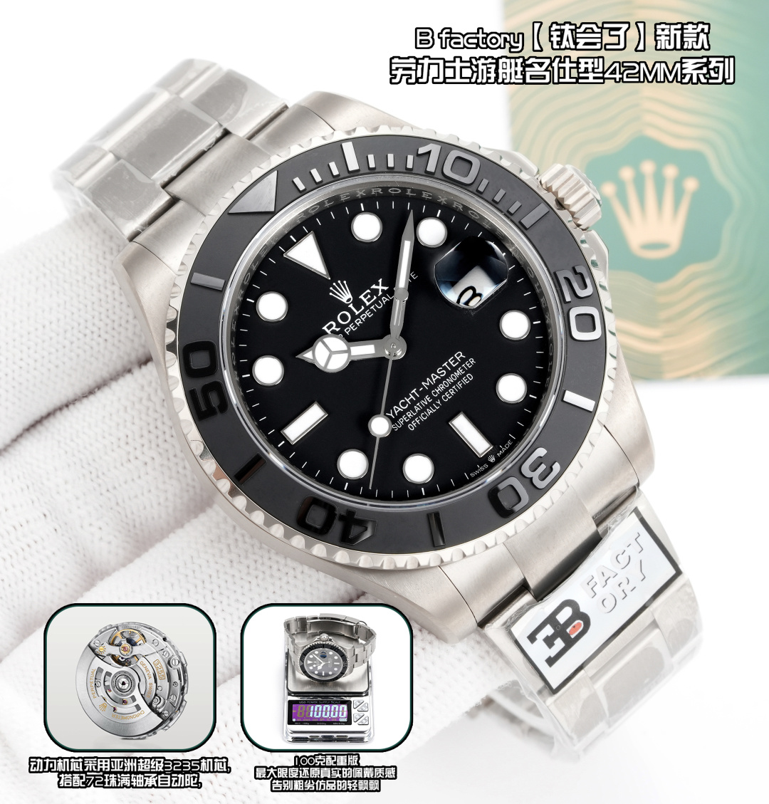 NO:858402,Factory B Real Titanium Rolex ROLEX Yacht-Master 42mm Series BF1 Counterweight B factory [Titanium Knows] New Style  The watch case has strong physical properties, stronger pressure resistance, corrosion resistance and scratch resistance. High-intensity brushing and polishing, reaching the highest hardness level, it is not easy to wear for a long time. The top edge chamfering of the middle case lug has a consistent metallic luster, and the details are perfect; the ring mouth is the usual matte black cerachrom ceramic word ring and polished three-dimensional numbers and scales of the Yacht-Master model. The first 15 minutes of the ceramic cast plate ring are marked with minute scales.  It can time more accurately; the strap has an upgraded sandblasting effect on the buckle, and laser-engraved black coding. Obvious frosted textures can be seen on the edges of the strap links and the side of the buckle cover. Made of all titanium alloy, grade 5 titanium metal has the advantages of lightness and corrosion resistance; the power movement adopts an Asian super movement, with a 72-bead full-bearing automatic rotor, which can be adjusted back to the calendar. The real super-long 72-hour kinetic energy can be said to be a top-notch match. It is the peak of its debut. Watch friends are sincerely invited to try it!  S1 exquisitely recommended men’s mechanical watch, buy it now, rolex19860909B厂 真钛 劳力士 ROLEX 游艇名仕型42mm系列 BF1 配重 B factory【钛会了】新款 腕表表壳具有强韧的物理属性,更强的抗压性能,耐腐蚀、防刮损.高强度拉丝打磨,达到的硬度级别,长期佩戴不易磨损.中层表壳表耳的顶部边缘倒角处做到与一致的金属光泽,细微之处完美；圈口是游艇名仕型一贯的哑光黑色cerachrom陶质字圈和磨光立体数字及刻度,陶瓷铸模制版圈的首15分钟标有分钟刻度, 可以更精确地计时；表带升级表扣喷砂效果,激光镭雕黑色编码.表带链节边缘及带扣盖侧面均可见明显的磨砂纹理.全钛合金打造,5级钛金属凭借轻盈、耐腐蚀等优点；动力机芯采用亚洲超级机芯,搭配72珠满轴承自动陀,可回调日历,真正的超长72小时动能可谓满血顶配,出道即巅峰,诚邀表友品鉴！S1精致推荐男士机械腕表 立即抢购,,rolex,Watch