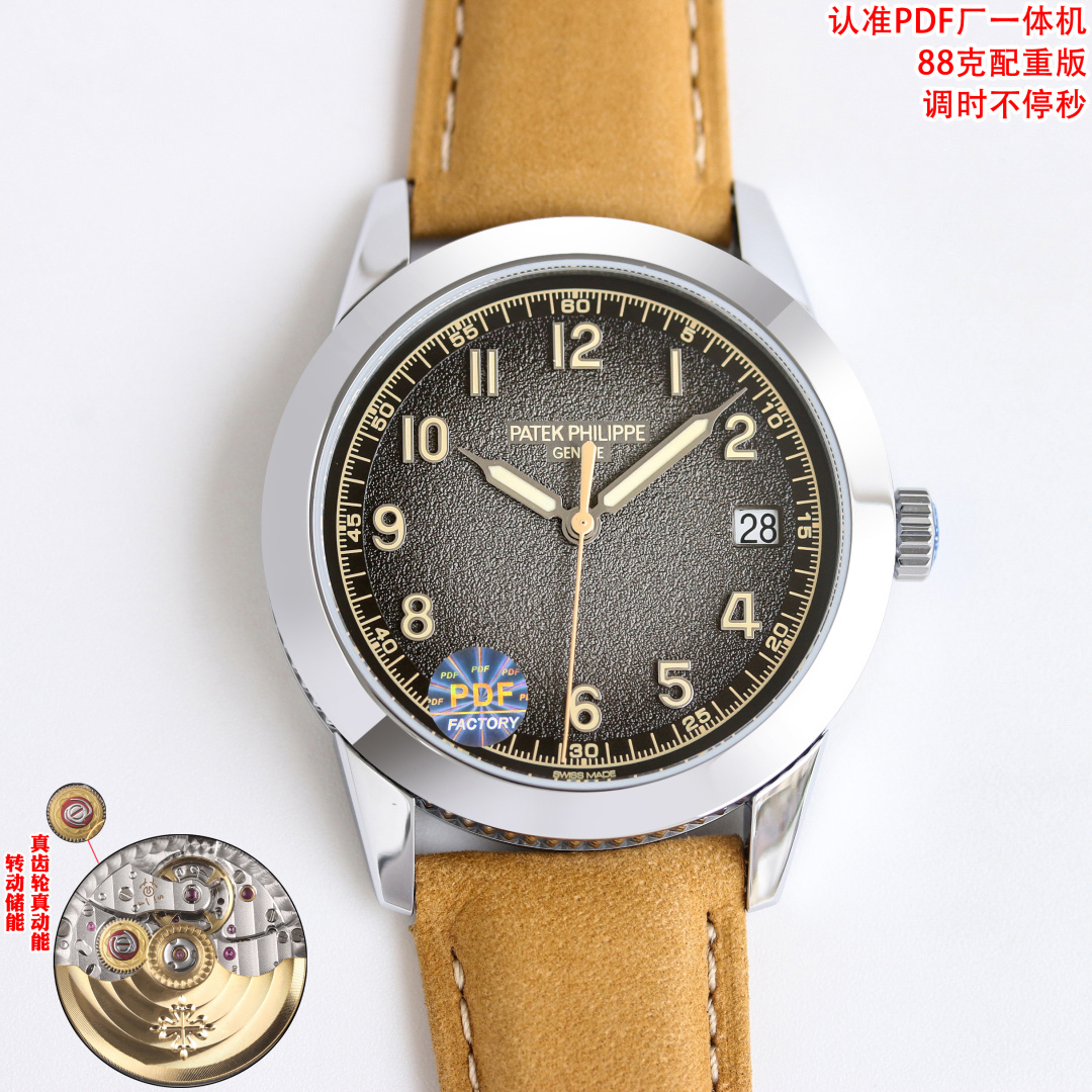 NO:662984,PDF produced All-in-one machine PDF Factory All-in-one machine 88g counterweight PP Patek Philippe Calatrava5226 series CM6 diameter 40MM8.5MM  Famous for its simple and refined round case, Patek Philippe has renovated the design based on this, carving the Paris hobnail pattern on the side edge of the case, showing the elegant style of Patek Philippe. The special case structure integrates the lugs and the case bottom cover, so that the Paris hobnail pattern fully covers the sides of the case.  The dial is decorated with grain, inspired by the aged texture of the antique camera body. This graininess is applied to the dial of the new 5226, adding watch details. The classic three-hand simple design, large-area luminous hands and hour markers, show a stronger sense of movement based on the classical and beautiful style.  Equipped with an exclusive integrated 26-automatic winding movement, equipped with hour hand, minute hand, central second hand, and date display window device. The interchangeable straps in multiple colors are decorated with embossed texture patterns and beige stitching. PDF Factory is committed to providing you with the closest to the original hands-on and real wearing experience. Luxurious and exquisite recommended men's mechanical watches. For the best luxury recommendations for gifts, please look for the exclusive quality of PDF, patek philippe19860909PDF 出品 一体机 PDF Factory 一体机88克配重 PP 百达翡丽 Calatrava5226系列 CM6 直径40MM8.5MM 以其简约精炼的圆形表壳而闻名,百达翡丽在此基础上焕新设计,于表壳侧缘雕饰巴黎钉纹图案,展现百达翡丽典雅格调.特殊表壳结构,令表耳与表壳底盖融为一体,从而使巴黎钉纹全面覆盖表壳侧边. 表盘有颗粒装饰,灵感来源于古董相机的机身旧化的纹理.将这种颗粒感,做到了新款5226的表盘上,增加了手表细节.经典大三针简约设计,大面积夜光的指针和时标,在古典优美的风格基础上表现出更强的运动感. 搭载独家一体26-自动上弦机芯,配备时针、分针、中央秒针、日期显示窗装置.多款颜色可互换表带饰有压花纹理图案和米色缝线. PDF Factory 致力于为您提供最接近原版的上手把玩及真实佩戴感受 ,奢华精致推荐男士机械腕表 送礼最佳奢华推荐请认准PDF独家品质,,patek philippe,Watch
