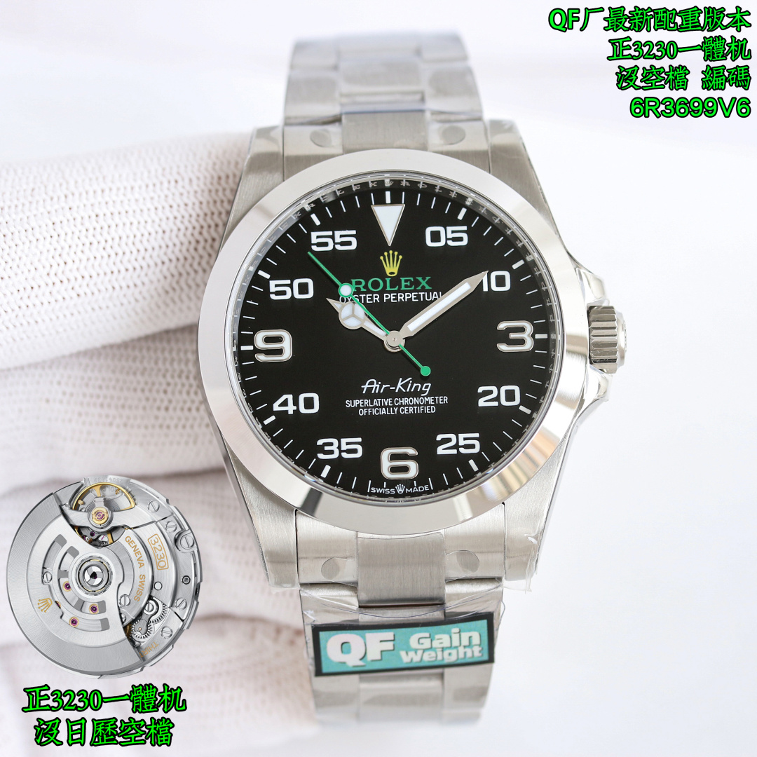 NO:670380,QF Produced by QF Factory, counterweighted version, original weight!  Rolex ROLEX Sky King series MK1 super cost-effective new Air King watch, watch code, 6R3699V6, watch buckle code, 7CD!  The latest Rolex Air King of the year, 40mm, the only 'Rolex original color' green hands, green logo dial!  Three-dimensional digital scale, super Swiss luminous, 6-digit crown logo (integrated with no calendar slot, counter-adjustable hour hand), high cost performance. The Air King pays tribute to the golden age of the aviation industry. The British aviator Charles Douglas Barnard was one of the aviation pioneers at the time and set multiple flight records. He once said of the Oyster watch, 'This watch has excellent performance and is especially suitable for flying. I plan to wear this watch on all long-distance flights in the future.'  The Air King watch reflects the unique connection between the R Factory and the aviation industry. This was the golden age of the aviation industry. Aircraft performance was improving with each passing day, routes continued to expand, and long-distance flights were also introduced. The Air King watch is equipped with a distinctive black dial, with extra large Arabic numerals at 3, 6 and 9 o'clock. The minute scale is prominent so that the time can be read clearly during navigation. The words 'Air-King' on the dial are in the font.  Designed exclusively for the original watch in the 1950s, the AirKing pays tribute to the pioneers of aviation and celebrates the Oyster's important role in aviation history.  Oyster steel case with a diameter of 40 mm, equipped with an Oyster solid link strap and a distinctive black dial, allowing the Air King to continue the origin of the original Rolex Oyster watch and the aviation field. Watch code 6R3699V6, watch buckle code, 7CD, customized three-code-in-one comes with NFC high-end version of the watch, luxury and exquisite recommendation for men's mechanical watches as gifts, the best luxury recommendation, please look for QF exclusive quality, rolex, gold19860909QF 出品  QF Factory,配重版本,原版重量！劳力士 ROLEX 空中霸王系列 MK1 超高性价比新品空霸腕表,腕表编码,6R3699V6,腕表扣码,7CD！ 年度劳力士最新款空中霸王型,40mm、唯一一款“劳力士原色” 绿色指针,绿色logo表盘！立体数字刻度,超强瑞士夜光,6位皇冠Logo（承搭一体无日历空档,逆调时针,）高性价比 空中霸王型向年代的航空业黄金时代致敬.英国飞行家查尔斯道格拉斯巴纳德（Charles Douglas Barnard）是当时其中一位航空先驱,创下了多项飞行纪录.他曾谈及蚝式腕表“这款腕表性能超卓,特别适用于飞行.在我日后所有长途飞行,我都打算佩戴这腕表 空中霸王型腕表体现了年代R厂与航空业的独特联系.这是航空业的黄金时代,飞机性能日新月异,航线不断扩展,长途航班亦开始引入. 空中霸王型腕表配备富个性黑色表盘,3、6及 9点钟位置标示特大阿拉伯数字,分钟刻度显眼突出,以便航行时能清楚读时.表盘上的 “ Air - King ”（空中霸王型）字样,所用字体于 1950年代专为原款腕表而设计. 空中霸王型腕表向一众飞行先驱致敬,并颂扬蚝式腕表在航空史上的重要角色. 直径40毫米的蚝式钢表壳,配备蚝式实心链节表带及富个性黑色表盘,让空中霸王型延续原款劳力士蚝式腕表与航空领域的渊源.腕表编码6R3699V6,腕表扣码,7CD,定制三码合一附带NFC高端版本腕表 ,奢华精致推荐男士机械腕表送礼最佳奢华推荐请认准QF独家品质,,rolex,gold,Watch