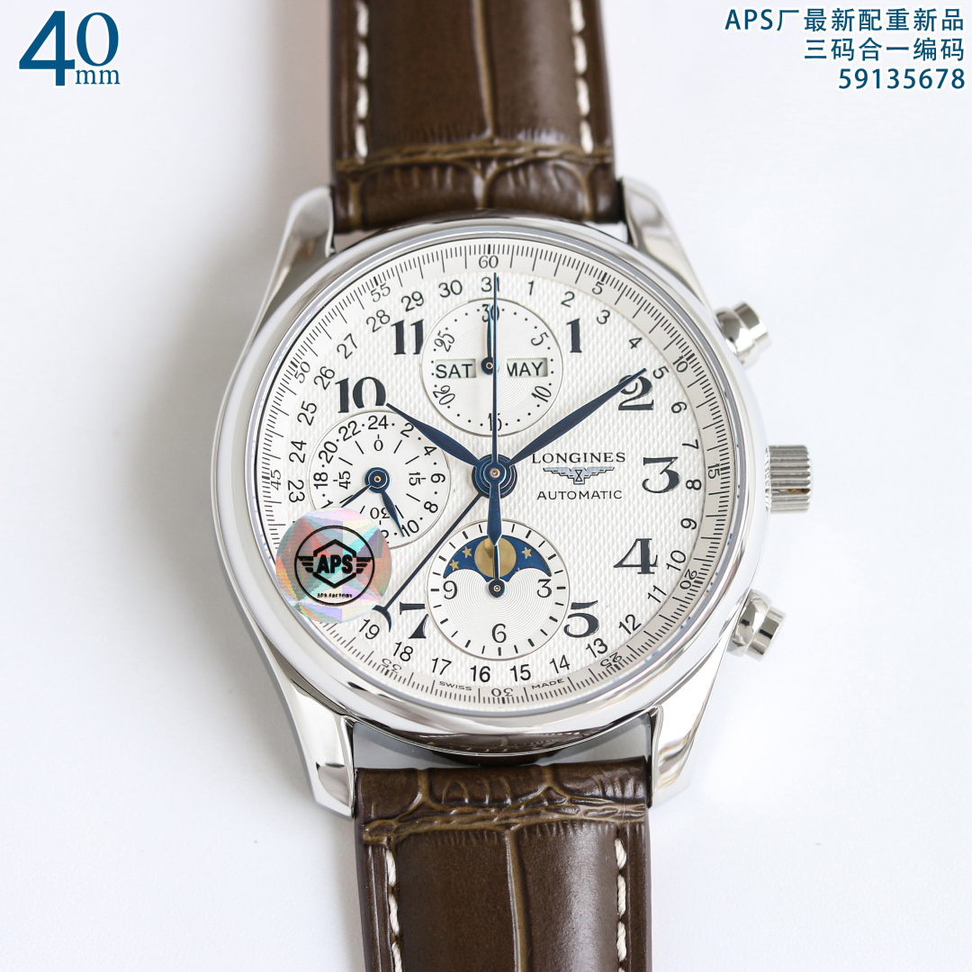 NO:687691,New model launched. Longines LONGINES APS watch adheres to the brand philosophy, has both extraordinary charm and meticulous decoration. It is a perfect replica. The latest launch, Longines Master 8-hand moon phase complex function watch series, three codes in one, 2 sizes, 42mm/40mm optional, watch/code, 59135678  The 42mm stainless steel case has been polished and continues the elegance of Longines. The left side of the case hides the adjustment button for the day calendar, and the right side of the case has two conventional sports watch buttons and the crown in the middle. The classic 'silver wheat grain' textured dial has all the complex functions arranged in an orderly manner. In addition to the hour and minute hands, the four large hands are a large sports seconds hand and a calendar hand with a small crescent at the end.  The rest of the complex functions are distributed on the dial in the form of 3 small dials. The 12 o'clock small dial condenses the three functions. The left side is the weekly calendar, the right side is the monthly calendar. The small blue hand in the middle belongs to the 30-minute timing of the timing system; there are two hands on the 9 o'clock small dial, and the lower needle is called  The short hand shows the 24-hour hour hand, so you can distinguish AM and PM when wearing it. The upper hand is the ultra-short hand, which is the second hand. The small dial at 6 o'clock is the moon phase zone we are most familiar with. But there are still two functions. The pointer in the small dial is the GMT in the timing system.  12 hours timekeeping. The watch has a transparent back, and the movement is clearly visible through the magic window. The autopilot is well polished, which is enough to show AF's watchmaking standards. The Longines 8-hand moon phase watch has become world-famous and satisfies watch lovers who like complex functions and astronomical features. APS perfectly replicates the exquisite moon phase watch, watch/code, 59135678 multi-function mechanical watch,,, longines19860909新款上市 浪琴 LONGINES APS表秉承品牌哲学,兼具不凡魅力和细致饰工,完美复刻最新推出,浪琴名匠8针月相复杂功能腕表系列,三码合一,2个尺寸,42mm/40mm可选,腕表/编码,59135678 42mm精钢表壳经过抛光处理,延续了浪琴的优雅气质,表壳左侧隐藏了星期历的调节按钮,表壳右侧则是常规的运动表两大按钮和中间的表冠. 经典“银色麦粒饰纹”作为纹理的表盘上有序排布着所有的复杂功能,四根大指针除了时针和分针另外两根是运动大秒针和末端带小月牙的日历针. 其余复杂功能通过3个小表盘的形式分布在表盘中,12点小盘凝聚了三个功能左侧是星期历,右侧是月历,中间的小蓝针归属于计时系统的30分钟计时；9点钟小盘上有两个指针,下面的针叫短针,显示着24小时制的时针,这样戴着它就能区分AM和PM.上面的针是超短针,它才是秒针.6点钟小盘是我们最熟悉的月相地带.不过依然是两个功能小盘里的指针是计时系统中的GMT 12小时计时. 腕表做了背透,通过魔术窗里面的机芯清晰可见,自动舵有不错的打磨,足以见得AF的制表水准. 浪琴8针月相腕表已闻名世界,满足喜好复杂功能和天文特色的腕表爱好者. APS完美复制精妙的月相腕表,腕表/编码,59135678多功能机械腕表,,,longines,Watch