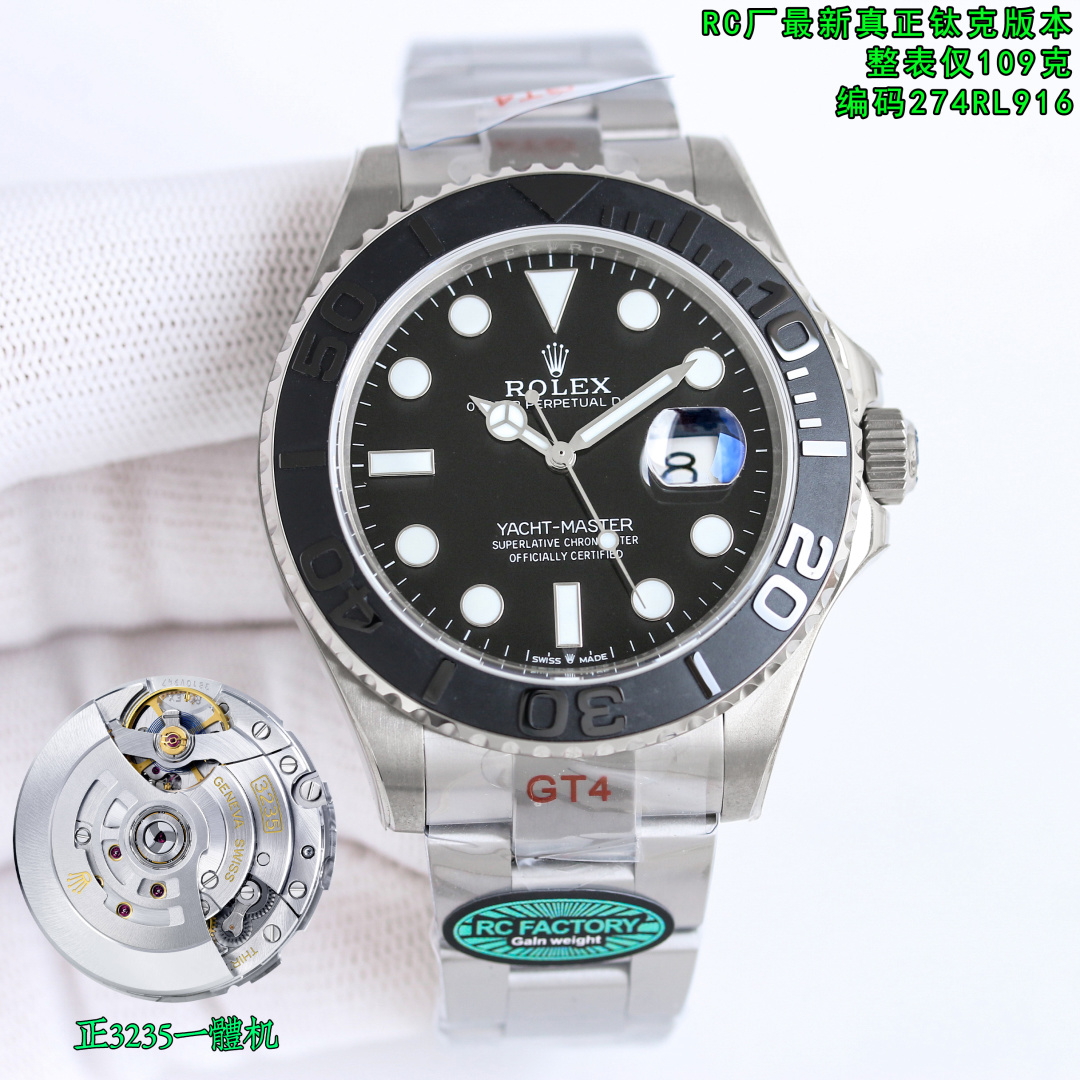 NO:687770,Produced by RC, genuine super 1850 RC Factory new product, real titanium shell!  109 grams!  Matching version, new product 226627 Rolex ROLEX Yacht Series MK1 Grade 5 titanium alloy yacht, the first watch strap with ceramic tubes interspersed!  !  !  Ceramic tube!  !  !  Ceramic tube!  Watch code, 274RL916, watch buckle code, Y8C, look for the RC factory watch film GT4, original factory matching protective film!  Paired with the all-in-one machine, it can adjust the clock counterclockwise and adjust the calendar!  Matched version!  RC Factory purchased 226627 in June and developed it for nearly a year, and finally developed a titanium alloy yacht. For Rolex, the use of titanium alloy is absolutely unprecedented. At the same time, it also very strictly selected grade five titanium alloy (a special material widely used in aviation/medical). Rolex always likes to do things with residual performance. For example, if PP uses 316, Rolex will be unique and use 904L.  Of course, the biggest difficulty in development is that RC also uses the same fifth-grade titanium alloy, which can be detected by a spectrometer, and the titanium alloy grade can also be distinguished by color. If you are interested, you can search for relevant knowledge by yourself. As a not-so-popular style, yachts must try their best to perfectly demonstrate the fifth-grade titanium alloy craftsmanship, and it is also the attitude of the RC factory in watchmaking. The weight of the watch head is consistent with the original one, 57g. Exactly. The authentic strap is 49g RC, 52g.  Because RC has a film, the actual difference between the two is about 2g. Look for the RC factory genuine titanium case version, watch code, 274RL916, watch buckle code, Y8C, watch weight, 109 grams. Because we develop the buckle part, the original Rolex solder joints are not tight enough, and there may be a risk of falling off. So RC strengthened this part. Of course, the overall difference is 2-3g, which is almost invisible on the wrist. The brushed case and strap are also almost the same. Ceramic ring strap  Literally, the hands are something that RC Factory can easily control. After all, the yacht models already on sale are also the leaders in the industry. The cost of materials has increased, including the grinding and processing of grade 5 titanium alloy, which is much more difficult than ordinary metal materials, so the price will be several hundred yuan more. I hope watch friends can understand. RC Factory also hopes to be recognized by everyone for its rigorous attitude towards watchmaking. Luxurious and exquisite men's mechanical watches are recommended. The best luxury recommendations for gifts, please look for RC's exclusive quality, rolex19860909RC 出品 正 超级 1850 RC Factory 新品,真钛壳！109克！对版版本,新品226627 劳力士 ROLEX 游艇系列MK1 五级钛合金游艇 首家 表带穿插陶瓷管！！！陶瓷管！！！陶瓷管！腕表编码,274RL916,腕表扣码,Y8C,认准RC厂表膜GT4,原厂对版保护膜！搭配正一体机,逆调时针,可回调日历！对版版本！ RC厂于.06月购买226627开发近一年,终于把钛合金游艇开发出来,对于劳力士而言,使用钛合金绝对是前所未有,同时也非常严苛的选择了五级钛合金(广泛应用于航空/医疗的特殊材料),劳力士总是爱干些性能剩余的事情,例如,pp用316,劳力士就要独树一帜,用904L 当然了,开发的最大难度,RC也使用了同样的五级钛合金,可以通过光谱仪检测,同时也可以通过颜色来区分钛合金等级.有兴趣的可以自己搜索相关知识. 游艇作为一个并不太热门的款式,也要尽力去完美的展现五级钛合金工艺,同时也是RC厂制表的态度. 表头重量和真品一致均为57g.分毫不差. 表带真品为49g RC,52g 因为RC有贴膜,实际两者相差2g左右. 认准RC厂正钛壳版本,腕表编码,274RL916,腕表扣码,Y8C,腕表重量,109克 因为我们发展表扣部分 劳力士原厂焊接点不够紧实,可能有脱落风险.所以RC在这个部分加固了一下. 当然了 整体相差2-3g 手腕几乎是感觉不出来的. 表壳 表带 拉丝 也是几乎一致. 陶瓷圈 表带 字面 指针这些,对于RC厂来说也是手拿把掐啦,毕竟已经在售的游艇款式,也是行业的翘楚. 在材料成本上有所增加,包括这个五级钛合金打磨加工也是比一般金属材料要困难的多,所以售价会多出几百元人民币,希望表友可以理解. RC厂对于制表严谨的态度也希望得到大家的认可,奢华精致推荐男士机械腕表 送礼最佳奢华推荐请认准RC独家品质,,rolex,Watch