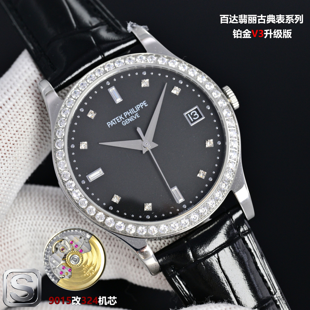 NO:820659,TW classic continues, Patek Philippe PP classic watch series——5296-001．  Platinum V3 upgraded version!  Thin and quality 1. Improve the details of the case, improve the polishing quality, and exclusively restore the perfect proportions and unique texture of the original. The calendar window is resized to be consistent with the original, instead of an ordinary normal window!  2. The scales and hands are enhanced with the latest precious metal plating technology, which makes the effect even better!  3. 'Pot lid type' slightly convex sapphire watch mirror, the version is consistent with the genuine product, the effect is transparent, and the time is clear. [Leading the era of all-in-one computers] Using a customized version of Cal. modified 324 movement, which is thinner, more stable, and more like. [Strap] Classic Italian calfskin strap, with clear lines and high quality. The pin buckle is neatly polished and bright, universal original mechanical watch,,, patek philippe, cowhide19860909TW经典再续, 百达翡丽 PP 古典表系列——5296-001．铂金V3升级版！ 薄而有质1.完善表壳细节,提升打磨质量,独家还原出正品的完美比例和特有质感.日历窗口改大小与正品一致,而非普通正常窗口！2.刻度,指针采用最新的贵金属电镀技术加持,效果更佳出彩！3.“锅盖型”微凸蓝宝表镜, 版型与正品一致,效果通透,辨时清晰.【引领一体机时代】采用定制版Cal.改324机芯,更薄,更稳,更像.【表带】经典意大利小牛皮表带,纹路清晰,质感上乘.针式表扣打磨齐整光亮通用原装机械腕表,,,patek philippe,cowhide,Watch