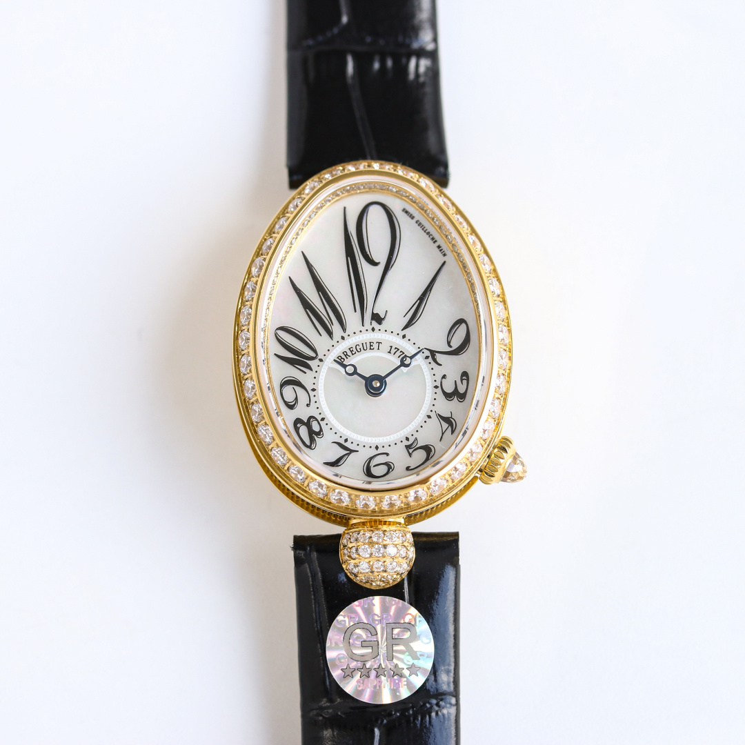 NO:741805,Produced by GR, white case, gold case, crocodile leather, GR Factory elegantly produces the most powerful replica women's watch in history - the Breguet Queen of Naples series XB1 makes a stunning debut, correcting all the shortcomings of the market version, making it noble and elegant, showing the style of a queen!  [Case] Watch size: small 33 x 25 mm. The oval case is elegant and elegant, with coin patterns on the outer edge of the case. A total of 117 Swarovski crystals (approximately 0.99 carats) are inlaid around the bezel and case. The crown is inlaid with a pear-shaped spar (approximately 0.26 carats) [Excellent details]  1. It is consistent with the original. There are precious metal logos on the back of the case, which is clear and neat, highlighting the quality of the watch. 2. The domed glass not only has a fish-eye effect when viewed from the side, but also reflects the bright light brought by diamonds, which further shows the noble pedigree of the watch.  3. In order to achieve the feel of the original K gold quality, ZF debugged the counterweight of the internal structure of the watch case so that the weight is exactly the same as the original version. [Strap] Silk (lambskin wrapped silk) strap is as gentle as skin, and the Breguet-style folding clasp is elegant and exquisite. [Movement] Customized Breguet .537/3 core, strict QC throughout, precise and stable performance, dignified and beautiful appearance. Dignified and beautiful, noble and elegant, produced by GR.  Must be a quality product~!  Luxurious and exquisite recommendations for women’s mechanical watches as gifts. The best luxury recommendations. Please look for GR’s exclusive quality, breguet, sheepskin, crocodile skin.19860909GR 出品 白壳 金壳 鳄鱼皮 GR Factory 优雅出品史上最强复刻女表——宝玑 那不勒斯皇后系列 XB1 惊艳登场,修正市场版本的所有不足,高贵典雅,尽显女王风范！【表壳】腕表尺寸 小号33 x 25毫米 鹅卵形表壳高雅大气,表壳外缘饰有钱币纹.表圈和表壳周围镶嵌共117颗施华洛水晶（约0.99克拉）.表冠处镶有一颗梨形晶石（约0.26克拉）【精彩细节】 1.与原装吻合,在表壳背部均打有贵金属标识,效果清晰工整,彰显腕表档次.2.穹面玻璃,从侧面看不仅有鱼眼效果,还能折射钻石带来的璀璨光芒,更显腕表高贵血统. 3.为了达到原装K金质量的手感,ZF调试了表壳内部结构的配重,做到重量与原版如出一辙.【表带】绢丝（小羊皮包裹丝绸）表带如肌肤般温柔,宝玑式折叠表扣秀雅精巧.【机芯】定制版宝玑.537/3型芯,全程严格QC,性能精准稳定,外观端庄秀丽. 端庄秀丽 高贵典雅 GR出品 必属精品~！奢华精致推荐女士机械腕表送礼最佳奢华推荐请认准GR独家品质,,breguet,sheepskin,crocodile skin,Watch