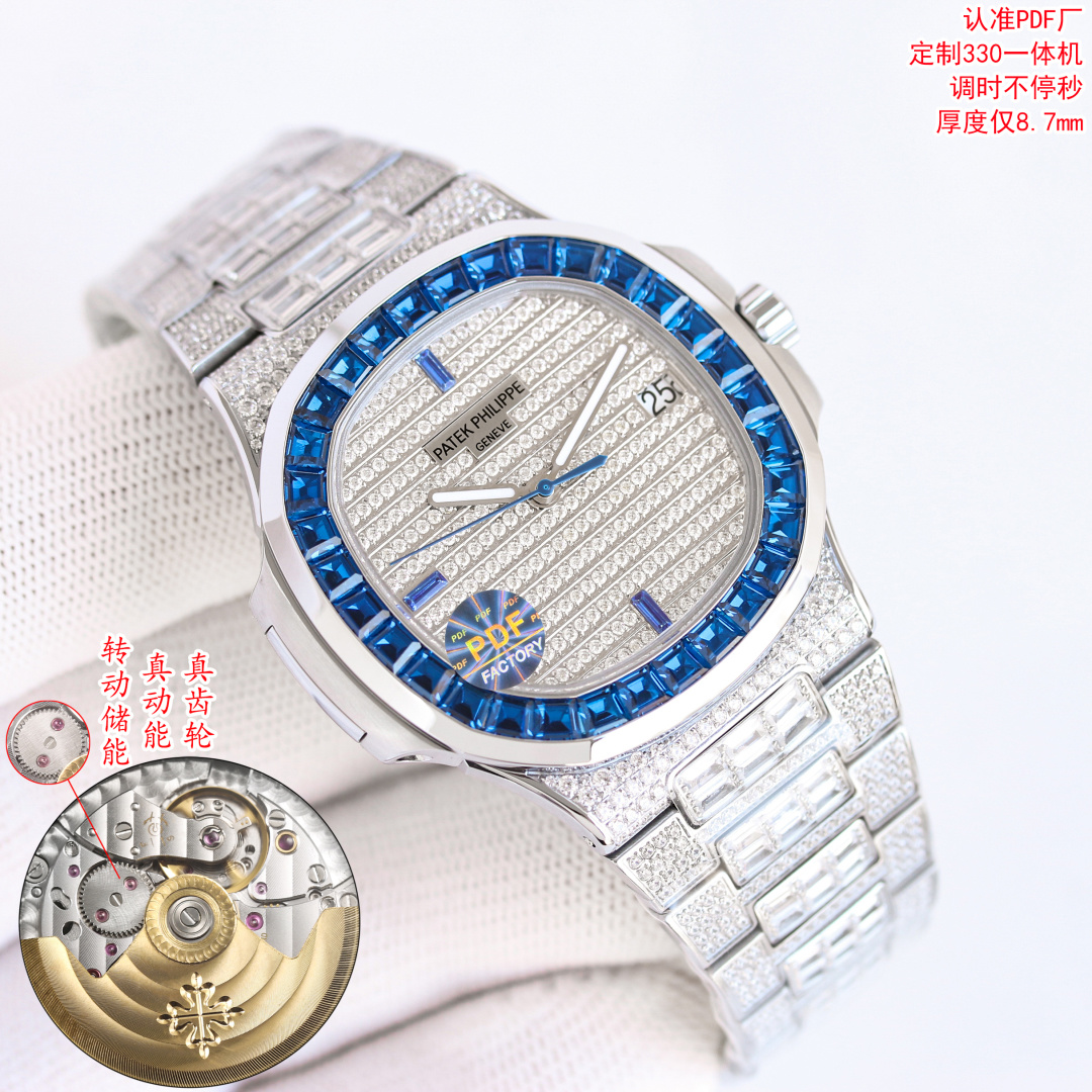 NO:714515,Starry Gypsophila Series PDF Factory Patek Philippe/PATEK PHILIPPE Nautilus 5719 series top with full diamond watch Size 40mm/8.7mm Movement exclusive custom-made 26-in-one automatic winding movement, time adjustment more than seconds and movable winding wheel The entire watch is made of 316L stainless steel CNC carving processing and then electroplated with platinum, gold, rose gold Starry Gypsophila Nautilus  The case is inlaid with eight eight-star and eight-arrow top fire rhinestones, and the bezel is inlaid with 32 long-shaped T-square diamonds, emeralds, sapphires, and rubies. The bracelet is inlaid with 803 eight-star and eight-arrow top-grade fire-colored rhinestones and 150 long-shaped T-square diamonds. The dial is inlaid with 255 eight-star and eight-arrow top fire-colored rhinestones and three long-shaped T-shaped diamonds. The hour markers are emeralds, sapphires, and rubies. PDF Factory Top Nautilus Mechanical Watch ,,,patek philippe,gold19860909满天星系列 PDF Factory 百达翡丽/ PATEK PHILIPPE Nautilus 5719系列顶配满钻腕表 尺寸 40mm/8.7mm 机芯独家定制26-一体自动上链机芯,调时不止秒及可动上链轮 整表均采用316L精钢CNC精雕加工后电镀白金,黄金,玫瑰金 满天星鹦鹉螺 表壳镶嵌颗八星八箭顶级火彩水钻,圈口32颗长形T方钻祖母绿,蓝宝石,红宝石 表链工字珠镶嵌803颗八星八箭顶级火彩水钻及150颗长形T方钻 表盘镶嵌255颗八星八箭顶级火彩水钻及3颗长形T钻时标祖母绿,蓝宝石,红宝石 PDF Factory 顶配鹦鹉螺机械腕表 ,,,patek philippe,gold,Watch