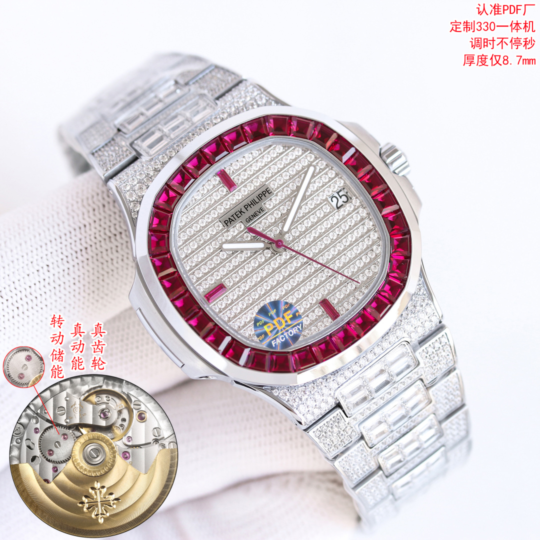 NO:711377,Produced by PDF, flat price PDF Factory is coming!  Patek Philippe R69 Nautilus 5719 series top full diamond watch, size 40mm  The case is inlaid with 100 eight-star and eight-arrow top fire rhinestones, and the bezel is inlaid with 32 long T-shaped diamonds, emeralds, sapphires, and rubies. The bracelet is inlaid with 803 eight-star and eight-arrow top fire rhinestones and 150 long-shaped T-square diamonds. The dial is inlaid with 255 eight-star and eight-arrow top fire rhinestones and 3 long T-shaped diamonds. The hour markers are emeralds, sapphires, and rubies. PDF Factory  We invite you to appreciate the extremely luxurious top-of-the-line Nautilus, which allows you to wear it to show your kingly style. Luxurious and exquisite men's mechanical watches are recommended. Gypsophila series. For the best luxury recommendations for gifts, please look for the PDF exclusive quality, patek philippe, gold19860909PDF 出品 统一价 PDF Factory满天星来袭！ 百达翡丽 PATEK PHILIPPE R69 Nautilus 5719系列顶配满钻腕表 尺寸40mmX8.7mm 机芯独家定制26-330一体自动上链机芯,调时不止秒及可动上链轮 整表均采用316L精钢CNC精雕加工后电镀白金,黄金,玫瑰金 满天星鹦鹉螺 表壳镶嵌100颗八星八箭顶级火彩水钻,圈口32颗长形T方钻祖母绿,蓝宝石,红宝石 表链工字珠镶嵌803颗八星八箭顶级火彩水钻及150颗长形T方钻 表盘镶嵌255颗八星八箭顶级火彩水钻及3颗长形T钻时标祖母绿,蓝宝石,红宝石 PDF Factory 邀您共鉴极致奢华的顶配鹦鹉螺,让您佩戴尽显王者风范 ,奢华精致推荐男士机械腕表 满天星系列 送礼最佳奢华推荐请认准PDF独家品质,,patek philippe,gold,Watch