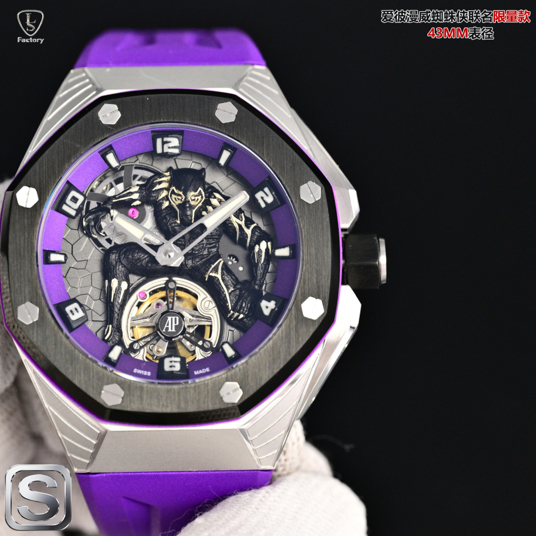 NO:711381,Produced by LS LS Factory Audemars Piguet [Marvel Black Panther Spider-Man Joint Limited Edition] Royal Oak Concept Series 26620lO.OO.D077CA.01 Audemars Piguet S42 Marvel Series 1. Newly molded 43mm case, using a new design, more ergonomic case, more exquisite case details, it has large polished chamfers, size 43MM~14MM,  The 43 mm wide case has been carefully modified to accommodate the new movement with a slightly larger diameter. 2. The movement uses an imported customized manual tourbillon movement, which is more beautiful and more stable in quality. 3. The case is made of Japanese 316 stainless steel, which shows that the steel case is more bright and bright (not ordinary 306 steel for the market) 4. The mirror is made of imported sapphire glass mirror 5.  The strap is made of canvas leather, which is more comfortable to wear and feels better. It is not pressed out of leather, and the buckle adopts a folding butterfly buckle. 6. Order now and get a custom-made box that is convenient for carrying with you. First come first served, while supplies last. For the best luxury gift recommendation, please look for LS exclusive quality, audemars19860909LS 出品  LS Factory 爱彼【漫威黑豹 蜘蛛侠联名限量款】皇家橡树概念系列26620lO.OO.D077CA.01 Audemars Piguet S42 漫威系列 1、新开模43 毫米表壳,采用全新设计、更符合人体工学的表壳、更精致的表壳细节,它具有较大的抛光倒角, 尺寸 43MM~14MM, 43毫米宽的表壳经过精心修饰,以容纳直径稍大的新机芯 2、机芯采用进口订制手动陀飞轮机芯,更佳美观,质量更稳定. 3、表壳采用日本 316 精钢打造,显示出钢壳更佳鲜亮（非市场用普通 306 钢） 4、镜面采用进口蓝宝石玻璃镜面 5、 表带采用帆布带包皮,配带起来更加舒服,手感更好,非皮革压制而出,扣子采用折叠蝴蝶扣. 6、现在下单送随身携带订制方便盒子一个,先到先得,送完为止,送礼最佳奢华推荐请认准LS独家品质,,audemars,Watch