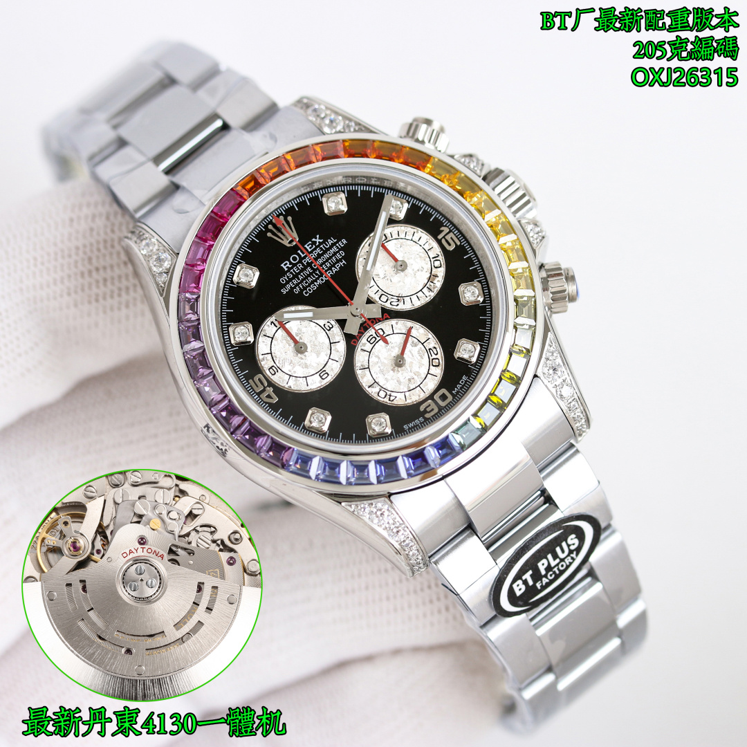 NO:715088,Produced by BT in Shanghai Dandong 4550 BT Factory Rolex ROLEX Daytona series MK1 Tiger Di absolutely fine, counterweight version, original weight, high version, weight about 205 grams, the American version of the Tiger Daytona is the Dandong all-in-one Daytona 'Eye of the Tiger' tiger pattern watch. '[Eye of the Tiger] Original details, exquisite workmanship, watch code, 218WF999. Daytona  116589TBR, with a black lacquer dial with diamonds, looks like the stripes on a tiger, and is nicknamed 'Eye of the Tiger' by watch fans. This new high-end Daytona launched by Rolex at the Baselworld 2019 is a special model of Daytona. This special model will not be displayed on the official website and retail stores. The watch diameter is 40mm, the movement model is Dandong, the functional chronograph, anti-magnetic. Platinum Tiger Eye  Golden Tiger Eyes T Square Diamond Meteorite Face  T square diamond ring mother-of-pearl diamond face) equipped with Dandong movement, size 40. The unknown Tiger Di is full of stars, all gold, tiger pattern dial, later changed to full diamonds. This watch is a new product at the Basel Watch Fair in 2019. The outer ring is inlaid with 36 T square diamonds, literally and  The scale diamonds are selected from the same grade, so as an official customized model, the level of luxury is obvious. The tiger pattern Daytona is like the pattern on a tiger, and the combination of black and gold highlights the masculinity. Look for the BT production code 218wf999.  Wearing a tiger watch in the Year of the Tiger brings strength, luxury and exquisiteness are recommended for men’s multi-functional mechanical watches. The best luxury recommendations for gifts, please look for BT’s exclusive quality, rolex, gold19860909BT 出品 上海  丹东 4550 BT Factory 劳力士 ROLEX 迪通拿系列 MK1 老虎迪 绝对精品,配重版本,原装重量,高版本,重量205克左右,美版老虎迪通拿正丹东一体机Daytona 'Eye of the Tiger'虎纹面腕表.”【猛虎之眼】原版细节,做工精致,腕表编码,218WF999. 迪通拿Daytona 116589TBR,以黑色漆艺面盘搭配镶钻,看起来就像老虎身上的斑纹一样,被表迷昵称为”Eye of the Tiger' 老虎纹面. 这款在2019年巴塞尔表展劳力士推出新款的高端迪通拿,属于迪通拿的特殊款.这种特殊款官方并不会在官网和零售店展示出来 表径40mm表径,机芯型号丹东,功能计时,防磁.白金猛虎之眼 黄金猛虎之眼 T方钻石陨石面 T方钻石圈贝母钻面)搭载丹东机芯,尺寸40.不为人知的老虎迪满天星,全黄金,虎纹盘面,后改满钻,这款表是2019年巴塞尔表展的新品,外圈镶有36颗T方钻,字面以及刻度的碎钻同样的等级挑选而来,所以作为官方定制款,奢华程度显而易见.虎纹面迪通拿,像是老虎身上的花纹,黑金的搭配凸显雄性的刚猛.认准BT出品编码218wf999. 虎年戴虎表虎虎生威 ,奢华精致推荐男士多功能机械腕表 送礼最佳奢华推荐请认准BT独家品质,,rolex,gold,Watch