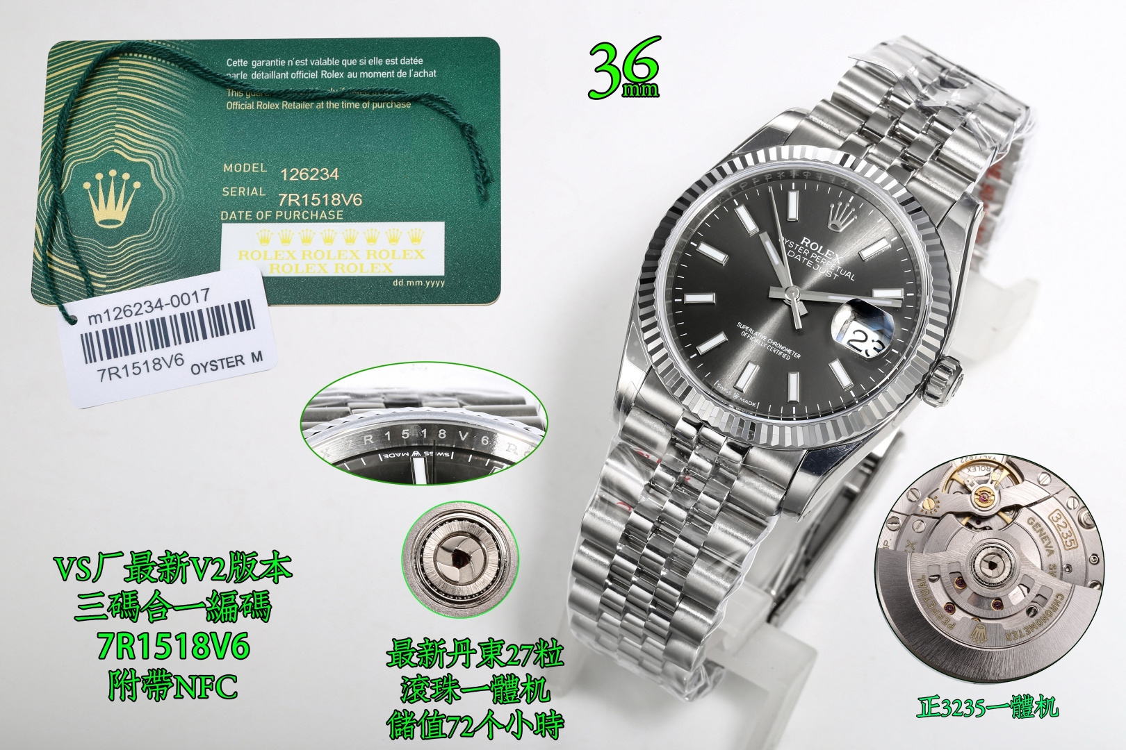 NO:715087,Produced by VS VS Factory V2 version, the latest Rolex ROLEX log series MK1, customized version with three codes in one, comes with NFC proximity card, watch code, 7R7518V6, popular style 36mm diameter log movement ①: Equipped with one-to-one super Dandong latest integrated movement, 27 ball movement, callable calendar function, card-free movement decoration, movement and stability  ②: The entire watch is made of 904L stainless steel / matched with ar factory steel belt and IP vacuum electroplated platinum tooth ring / free replacement for fading, the dog tooth ring is the only correct size!  ③: The sunray pattern on the dial is infinitely close to the original, especially green!  Mint green color matching!  ④: The only calendar font matching in the market. Follow up to compare the authenticity of the fonts one by one for numbers 1-31. ⑤: The only one that can achieve luminous hands/luminous nails with the same color because they are processed by third-party factories + self-purchased Swiss c1+c3 luminous powder. ⑥: nails/crown mark nails are fully platinum electroplated.  ⑦: Latest version, quality assurance, latest log style, customized one watch, one code, watch code 7R1518V6, latest back cover pattern label!  The most cost-effective style and popular style. Although VS does not have many styles, almost all models are high-quality products. It completely solves most of the pain points of journals in the world. It is only born for the ultimate. Luxurious and exquisite, unisex mechanical watches are recommended. For the best luxury recommendations for gifts, please look for the exclusive quality of VS, rolex.19860909VS 出品 VS Factory V2版本,劳力士 ROLEX 日志系列 MK1 最新推出,定制版三码合一,附带NFC感应卡,腕表编码,7R7518V6,热门款式 直径 36mm日志 机 ①:搭载一比一超级丹东最新一体机芯 ,27粒滚珠机芯,可回调日历功能,无卡度机芯装饰 机芯及其稳定 ②:整表904L精钢 /搭配ar厂钢带 以及ip真空电镀铂金牙圈 /掉色免费更换,狗牙圈唯一对版尺寸！ ③:表盘太阳纹无限接近原装 铽别是绿色！薄荷绿颜色对版！ ④:全市场唯一日历字体对版 后续1-31号挨个字体真假对比 ⑤:唯一做到指针夜光/字钉夜光 做到同色 因为都是第三方工厂加工+自购瑞士 c1+c3夜光粉 ⑥:字钉/皇冠唛头钉 全白金电镀处理 ⑦:最新版本,品质保证,最新日志款式,定制一表一码,腕表编码7R1518V6,最新后盖图案标签！最高性价比款式,热门款式 虽然VS的款式不多 但是几乎款款均为精品 彻底解决世面上的大部分日志痛点,只为极致而生 ,奢华精致推荐中性机械腕表 送礼最佳奢华推荐请认准VS独家品质,,rolex,Watch