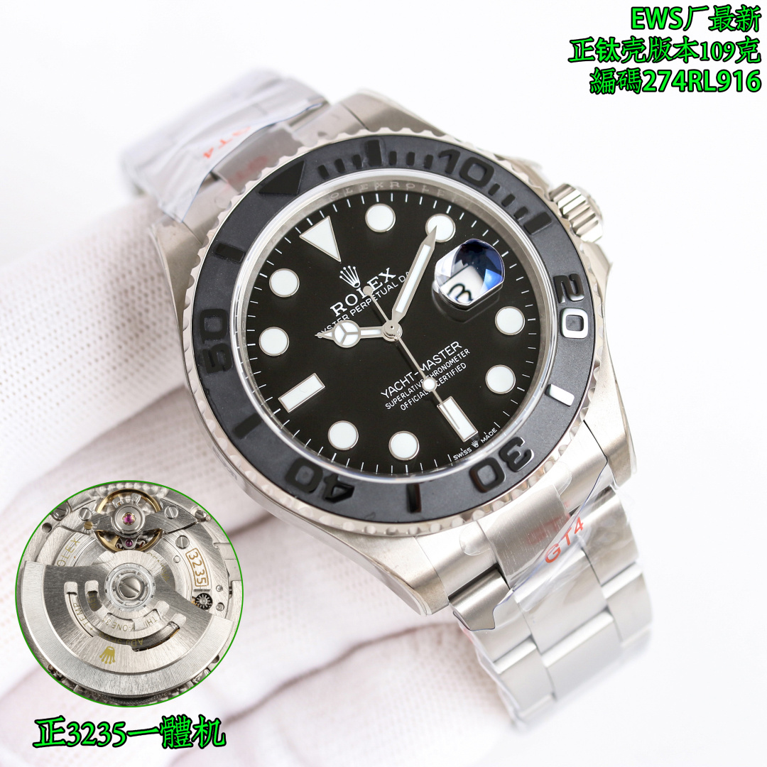 NO:715090,EWS Produced by EWS Factory New product, V2 version, real titanium shell!  109 grams!  Matching version, Rolex ROLEX yacht series MK1 new product 226627 grade five titanium alloy yacht, the first watch strap with ceramic tubes!  !  !  Ceramic tube!  !  !  Ceramic tube!  Watch code, 274RL916, watch buckle code, Y8C, look for EWS factory watch film GT4, original factory version protective film!  Paired with the all-in-one machine, it can adjust the clock counterclockwise and adjust the calendar!  Matched version!  EWS Factory purchased 226627 in June and developed it for nearly a year, and finally developed a titanium alloy yacht. For Rolex, the use of titanium alloy is absolutely unprecedented. At the same time, it also chooses grade five titanium alloy (a special material widely used in aviation/medical) very strictly. Rolex always likes to do things with residual performance. For example, if PP uses 316, Rolex will be unique and use 904L.  Of course, the biggest difficulty in development is that EWS also uses the same grade five titanium alloy, which can be detected by a spectrometer, and the titanium alloy grade can also be distinguished by color. If you are interested, you can search for relevant knowledge on your own. As a not-so-popular style, yachts must try their best to perfectly demonstrate the grade five titanium alloy craftsmanship, and it is also the attitude of the EWS factory in watch making. The weight of the watch head is consistent with the original product, 57g. It is exactly the same as the original strap, 49g EWS, 52g.  Because EWS has a film, the actual difference between the two is about 2g. Look for the EWS factory, the titanium case version, watch code, 274RL916, watch buckle code, Y8C, watch weight, 109 grams. Because we develop the buckle part, the original Rolex solder joints are not tight enough and there may be a risk of falling off. So EWS reinforced this part. Of course, the overall difference of 2-3g is almost invisible to the wrist. The brushed case and strap are also almost the same.  Ceramic bezels, straps, literal hands, etc. are something that the VS factory can easily control. After all, the yacht models already on sale are also the leaders in the industry. The material cost has increased, including the grinding and processing of grade five titanium alloy, which is much more difficult than ordinary metal materials, so the price will be several hundred yuan more. I hope watch friends can understand. The EWS factory's rigorous attitude towards watchmaking also hopes to be recognized by everyone. Luxurious and exquisite men's mechanical watches are recommended. For the best luxury gifts, please look for the exclusive quality of EWS, rolex.19860909EWS 出品  EWS Factory 新品,V2版本,真钛壳！109克！对版版本,劳力士 ROLEX 游艇系列 MK1 新品226627 五级钛合金游艇 首家 表带穿插陶瓷管！！！陶瓷管！！！陶瓷管！腕表编码,274RL916,腕表扣码,Y8C,认准EWS厂表膜GT4,原厂对版保护膜！搭配正一体机,逆调时针,可回调日历！对版版本！ EWS厂于.06月购买226627开发近一年,终于把钛合金游艇开发出来,对于劳力士而言,使用钛合金绝对是前所未有,同时也非常严苛的选择了五级钛合金(广泛应用于航空/医疗的特殊材料),劳力士总是爱干些性能剩余的事情,例如,pp用316,劳力士就要独树一帜,用904L. 当然了,开发的最大难度,EWS也使用了同样的五级钛合金,可以通过光谱仪检测,同时也可以通过颜色来区分钛合金等级.有兴趣的可以自己搜索相关知识. 游艇作为一个并不太热门的款式,也要尽力去完美的展现五级钛合金工艺,同时也是EWS厂制表的态度. 表头重量和真品一致均为57g.分毫不差 表带真品为49g EWS,52g 因为EWS有贴膜,实际两者相差2g左右. 认准EWS厂,正钛壳版本,腕表编码,274RL916,腕表扣码,Y8C,腕表重量,109克 因为我们发展表扣部分 劳力士原厂焊接点不够紧实,可能有脱落风险.所以EWS,在这个部分加固了一下. 当然了 整体相差2-3g 手腕几乎是感觉不出来的. 表壳 表带 拉丝 也是几乎一致. 陶瓷圈 表带 字面 指针这些,对于VS厂来说也是手拿把掐啦,毕竟已经在售的游艇款式,也是行业的翘楚. 在材料成本上有所增加,包括这个五级钛合金打磨加工也是比一般金属材料要困难的多,所以售价会多出几百元人民币,希望表友可以理解. EWS厂对于制表严谨的态度也希望得到大家的认可,奢华精致推荐男士机械腕表 送礼最佳奢华推荐请认准EWS独家品质,,rolex,Watch