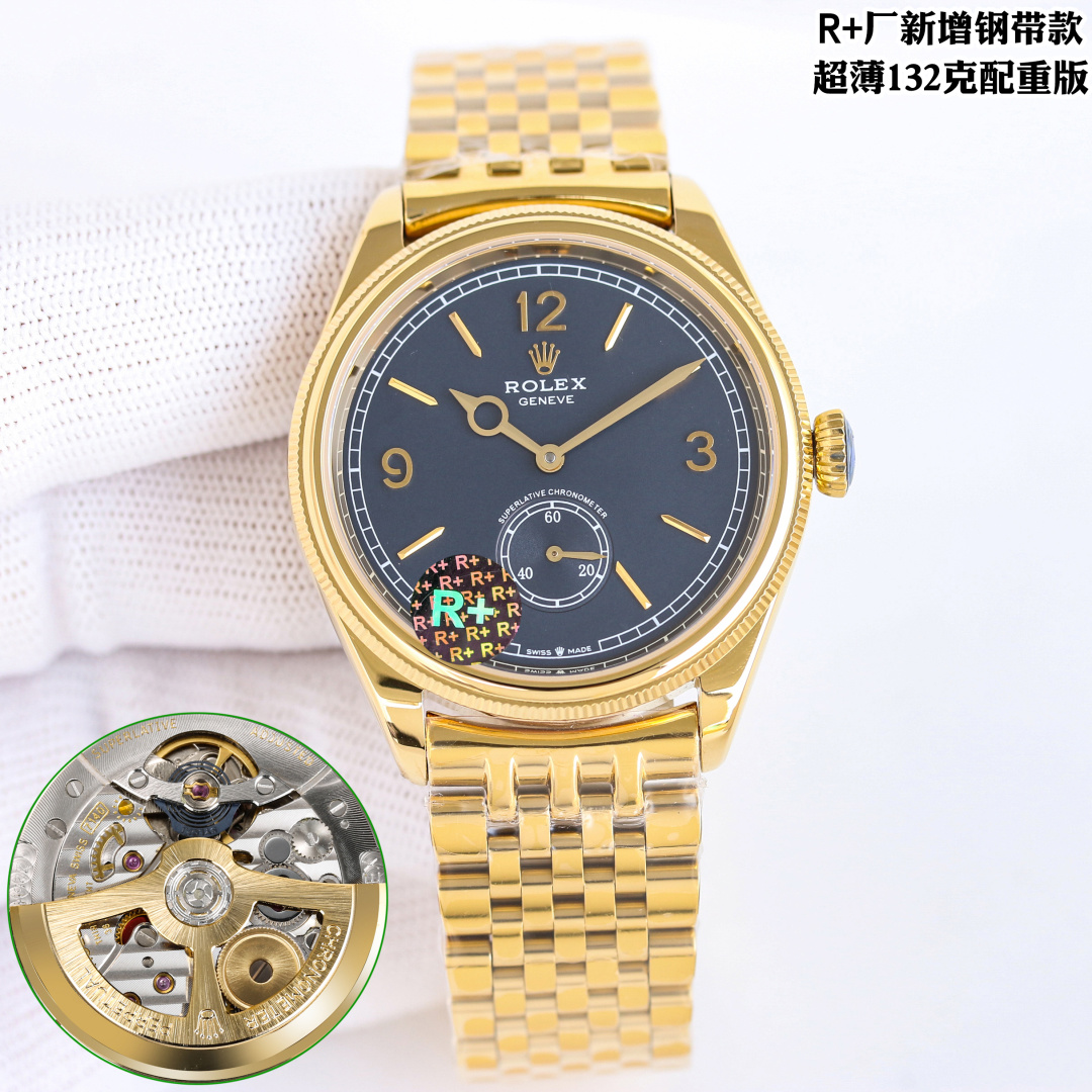 NO:725336,Gold R+ Factory adds steel belt model Rolex ROLEX belt model 90g/steel belt model 132g Ultra-thin counterweight version Two and a half needles Business model Rolex Perpetual Size 39mm/9.5mm Exclusive customized modified Chronergy escapement system + blue Syloxi balance spring Cal. automatic winding movement, exclusively designed for the watch 'Rolex Seven Masters' Settimo strap, using  Cast in 18K gold, it consists of seven rows of slightly curved links. Each surface has been polished. It gently fits the wrist when worn, greatly improving comfort. It is close to the restoration of a K gold two-hand semi-mechanical watch,,,rolex,gold19860909金 R+ Factory  新增钢带款 劳力士 ROLEX 皮带款90克/钢带款132克 超薄配重版 二针半 商务款 劳力士Rolex恒动型 尺寸39mm/9.5mm 独家定制改装Chronergy擒纵系统+蓝色Syloxi摆轮游丝Cal.自动上链机芯, 专为 腕表独家设计「劳力士七臻型」Settimo 表带,采用 18K 黄金铸造,由七排略呈弧形的链节组成,每个表面都经过磨光处理,佩戴时轻柔贴合手腕,舒适度大幅提升, 接近的还原K金两针半机械腕表,,,rolex,gold,Watch