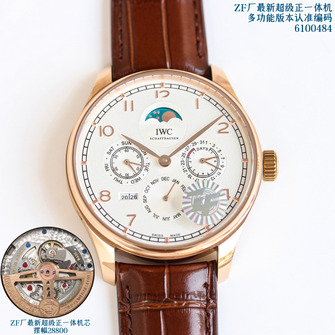 NO:725368,ZF Factory/New Product IWC/Portugal Series Perpetual Calendar Watch, the most complex watch in the replica world, all functions are synchronized with the original ones, all function adjustments are controlled through the crown, and it is matched with an all-in-one movement!  The watch swings at 28,800 beats!  Balance wheel position true weight all-in-one machine, quality assurance, watch/coding, 6100484, 1 [Function introduction] Sun, moon and stars at 12 o'clock, independent small seconds and day of the week hand display at 9 o'clock, month hand at 6 o'clock, and linked to the year display at 7 o'clock. The year jumps every 12 months, and the most classic power display hand and date display at 3 o'clock. Each needle is real and usable. Two needles are glued together to distinguish small factories on the market.  2 [Fine workmanship] The shell adopts the same three-piece structure as the original, with brushed middle, polished upper and lower shells, and a high-cost pot-lid-shaped sapphire for the mirror surface, which improves the texture. 3 Size 42.2mm / 14.9mm, the basic movement adopts Portuguese seven basic movement, which is efficient and stable, with a power time of more than 72 hours. It is equipped with a complex perpetual calendar module, and synchronizes all functions of the original to achieve synchronization with the original through the crown adjustment.  4 [Quality Control QC] Since the perpetual calendar module is very complex, the time will be adjusted before shipment. Customers can just wind it up and wear it after receiving it. Do not adjust it easily. When it is really necessary to adjust, first set the time to 8 pm and then debug other functions. When debugging, first manually align the day of the week, pull out one section and twist it upward to adjust the month (12-month linkage year), then twist it down about three turns to start adjusting the calendar, produced by ZF  Watch/Coding, 6100484 Quality Assurance Multifunctional Mechanical Watch,,,iwc19860909ZF厂/新品  万国/ IWC 葡萄牙系列 万年历腕表,复刻界最复杂的腕表,所有功能同步原装,所有功能调节通过把头控制,搭配正一体机机芯！腕表摆幅28800节拍！摆轮位置真砝码一体机,品质保证,腕表/编码,6100484, 1【功能介绍】12点日月星辰,9点钟独立小秒针和星期指针显示,6点钟月份指针,同时联动7点钟位置的年份显示,每12个月年份跳动一下,3点钟则是最经典的动力显示指针和日期显示,每一根针都是真实可用区分市面上的小厂两根针粘在一起 2【做工精细】外壳采用原版同样的三件套结构,中间拉丝,上下壳为抛光,镜面采用高成本的锅盖形蓝宝石,使其质感提升 3尺寸42.2mm / 14.9mm,基础机芯采用葡七基础机芯,高效稳定,动力时间长达72小时以上,加装复杂的万年历模块,而且同步原装所有功能实现同步原装通过把头调节 4【品控QC】由于万年历模块十分复杂在出货前都会调准时间,客户收到直接上链上手佩戴即可,不要轻易乱调,确实需要调节时,先把时间调到下午8点整再去调试其他功能,调试时先手动对准星期,拔出一节往上拧调节月份(12个月联动年份),往下拧三圈左右开始调节日历, ZF出品 腕表/编码,6100484品质保证多功能机械腕表,,,iwc,Watch