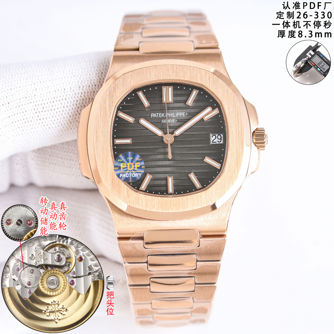 NO:725359,GOLD PATEK / PHILIPPE Patek Philippe PP Nautilus Series Elegant Sports Series 5711/1A Nautilus, produced by PDF factory, non-stop seconds, the king of steel watches, the king of steel watches with the thinnest replica version 5711 Nautilus, the best detoxification solution on the entire network!  In terms of details, 1. Exclusively customized version of the all-in-one Cal. 26-all-in-one automatic non-stop seconds movement, time adjustment and non-stop seconds function, and balance wheel position are consistent with the official automatic machine. 2. Steel strap 316L custom-grade ergonomic strap!  The beads in the steel band are diamond-shaped, and the top steel band is combined with the genuine product. 3 Nautilus classic blue plate, currently improved to the same color as the genuine product, upgraded dial luminous effect, 4 diameter 40mm, thickness only 8.3mm the same as the original thickness, wearing 5711/1A not only shows youthful vitality, a well-deserved king of steel watches, welcome to taste mechanical watches,,, patek philippe19860909金 PATEK / PHILIPPE 百达翡丽 PP 鹦鹉螺系列 优雅运动系列5711/1A鹦鹉螺,PDF factory出品,不停秒,钢表之王,复刻届最薄的钢表之王5711鹦鹉螺,全网最佳解毒方案！细节方面 1机芯独家定制版一体Cal.26-一体机自动不停秒机芯,调时不停秒功能,摆轮位置均与官方一致自动机械. 2钢带316L定制级人体工程学表带！钢带中珠是钻石型的,顶级钢带与正品相结合. 3鹦鹉螺经典蓝盘,目前改进与正品一致的颜色,升级表盘夜光效果, 4直径40mm,厚度仅8.3mm同原装厚度, 佩戴5711/1A既彰显青春活力一款当之无愧的钢表之王,欢迎您的品鉴机械腕表,,,patek philippe,Watch